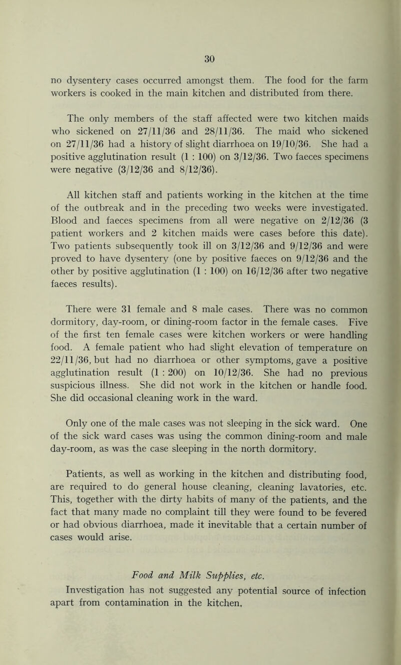 no dysentery cases occurred amongst them. The food for the farm workers is cooked in the main kitchen and distributed from there. The only members of the staff affected were two kitchen maids who sickened on 27/11/36 and 28/11/36. The maid who sickened on 27/11/36 had a history of slight diarrhoea on 19/10/36. She had a positive agglutination result (1 : 100) on 3/12/36. Two faeces specimens were negative (3/12/36 and 8/12/36). All kitchen staff and patients working in the kitchen at the time of the outbreak and in the preceding two weeks were investigated. Blood and faeces specimens from all were negative on 2/12/36 (3 patient workers and 2 kitchen maids were cases before this date). Two patients subsequently took ill on 3/12/36 and 9/12/36 and were proved to have dysentery (one by positive faeces on 9/12/36 and the other by positive agglutination (1 : 100) on 16/12/36 after two negative faeces results). There were 31 female and 8 male cases. There was no common dormitory, day-room, or dining-room factor in the female cases. Five of the first ten female cases were kitchen workers or were handling food. A female patient who had slight elevation of temperature on 22/11/36, but had no diarrhoea or other symptoms, gave a positive agglutination result (1 : 200) on 10/12/36. She had no previous suspicious illness. She did not work in the kitchen or handle food. She did occasional cleaning work in the ward. Only one of the male cases was not sleeping in the sick ward. One of the sick ward cases was using the common dining-room and male day-room, as was the case sleeping in the north dormitory. Patients, as well as working in the kitchen and distributing food, are required to do general house cleaning, cleaning lavatories, etc. This, together with the dirty habits of many of the patients, and the fact that many made no complaint till they were found to be fevered or had obvious diarrhoea, made it inevitable that a certain number of cases would arise. Food and Milk Supplies, etc. Investigation has not suggested any potential source of infection apart from contamination in the kitchen.
