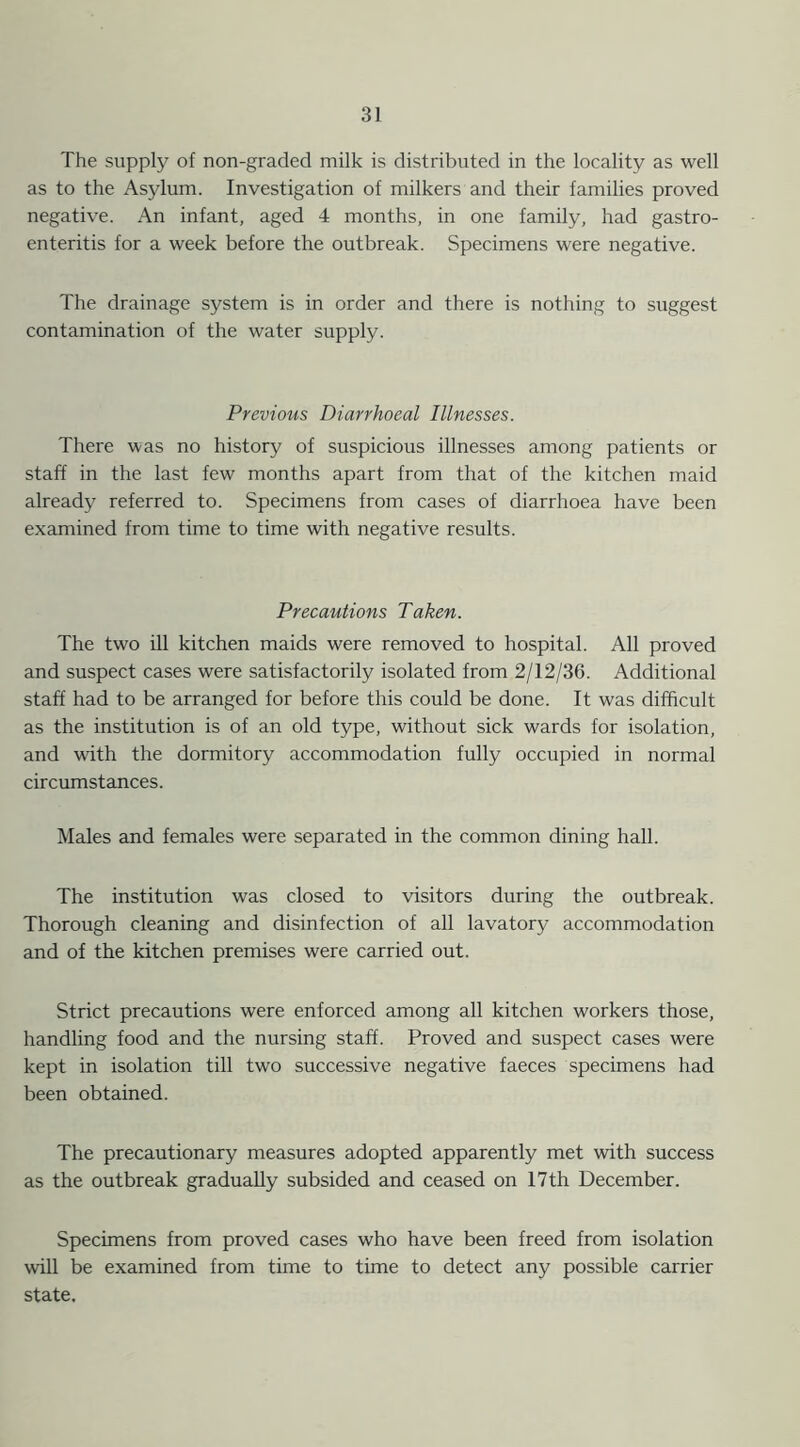 The supply of non-graded milk is distributed in the locality as well as to the Asylum. Investigation of milkers and their families proved negative. An infant, aged 4 months, in one family, had gastro- enteritis for a week before the outbreak. Specimens were negative. The drainage system is in order and there is nothing to suggest contamination of the water supply. Previous Diarrhoeal Illnesses. There was no history of suspicious illnesses among patients or staff in the last few months apart from that of the kitchen maid already referred to. Specimens from cases of diarrhoea have been examined from time to time with negative results. Precautions Taken. The two ill kitchen maids were removed to hospital. All proved and suspect cases were satisfactorily isolated from 2/12/36. Additional staff had to be arranged for before this could be done. It was difficult as the institution is of an old type, without sick wards for isolation, and with the dormitory accommodation fully occupied in normal circumstances. Males and females were separated in the common dining hall. The institution was closed to visitors during the outbreak. Thorough cleaning and disinfection of all lavatory accommodation and of the kitchen premises were carried out. Strict precautions were enforced among all kitchen workers those, handling food and the nursing staff. Proved and suspect cases were kept in isolation till two successive negative faeces specimens had been obtained. The precautionary measures adopted apparently met with success as the outbreak gradually subsided and ceased on 17th December. Specimens from proved cases who have been freed from isolation will be examined from time to time to detect any possible carrier state.
