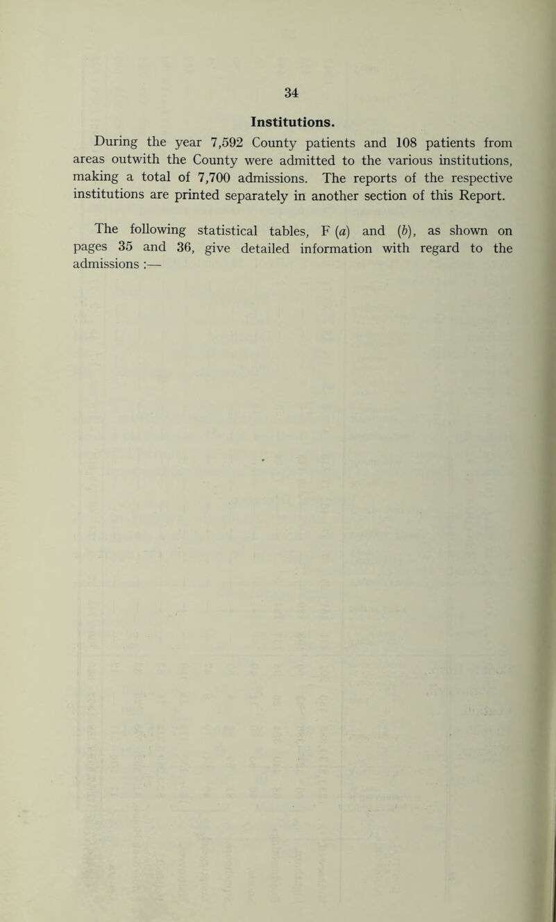 Institutions. During the year 7,592 County patients and 108 patients from areas outwith the County were admitted to the various institutions, making a total of 7,700 admissions. The reports of the respective institutions are printed separately in another section of this Report. The following statistical tables, F (a) and (b), as shown on pages 35 and 36, give detailed information with regard to the admissions :—