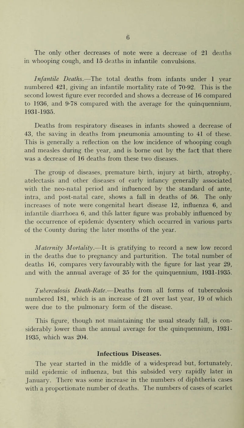 The only other decreases of note were a decrease of 21 deaths in whooping cough, and 15 deaths in infantile convulsions. Infantile Deaths.—The total deaths from infants under 1 year numbered 421, giving an infantile mortality rate of 70-92. This is the second lowest figure ever recorded and shows a decrease of 16 compared to 1936, and 9-78 compared with the average for the quinquennium, 1931-1935. Deaths from respiratory diseases in infants showed a decrease of 43, the saving in deaths from pneumonia amounting to 41 of these. This is generally a reflection on the low incidence of whooping cough and measles during the year, and is borne out by the fact that there was a decrease of 16 deaths from these two diseases. The group of diseases, premature birth, injury at birth, atrophy, atelectasis and other diseases of early infancy generally associated with the neo-natal period and influenced by the standard of ante, intra, and post-natal care, shows a fall in deaths of 56. The only increases of note were congenital heart disease 12, influenza 6, and infantile diarrhoea 6, and this latter figure was probably influenced by the occurrence of epidemic dysentery which occurred in various parts of the County during the later months of the year. Maternity Mortality.—It is gratifying to record a new low record in the deaths due to pregnancy and parturition. The total number of deaths 16, compares very favourably with the figure for last year 29, and with the annual average of 35 for the quinquennium, 1931-1935. Tuberculosis Death-Rate.—Deaths from all forms of tuberculosis numbered 181, which is an increase of 21 over last year, 19 of which were due to the pulmonary form of the disease. This figure, though not maintaining the usual steady fall, is con- siderably lower than the annual average for the quinquennium, 1931- 1935, which was 204. Infectious Diseases. The year started in the middle of a widespread but, fortunately, mild epidemic of influenza, but this subsided very rapidly later in January. There was some increase in the numbers of diphtheria cases with a proportionate number of deaths. The numbers of cases of scarlet