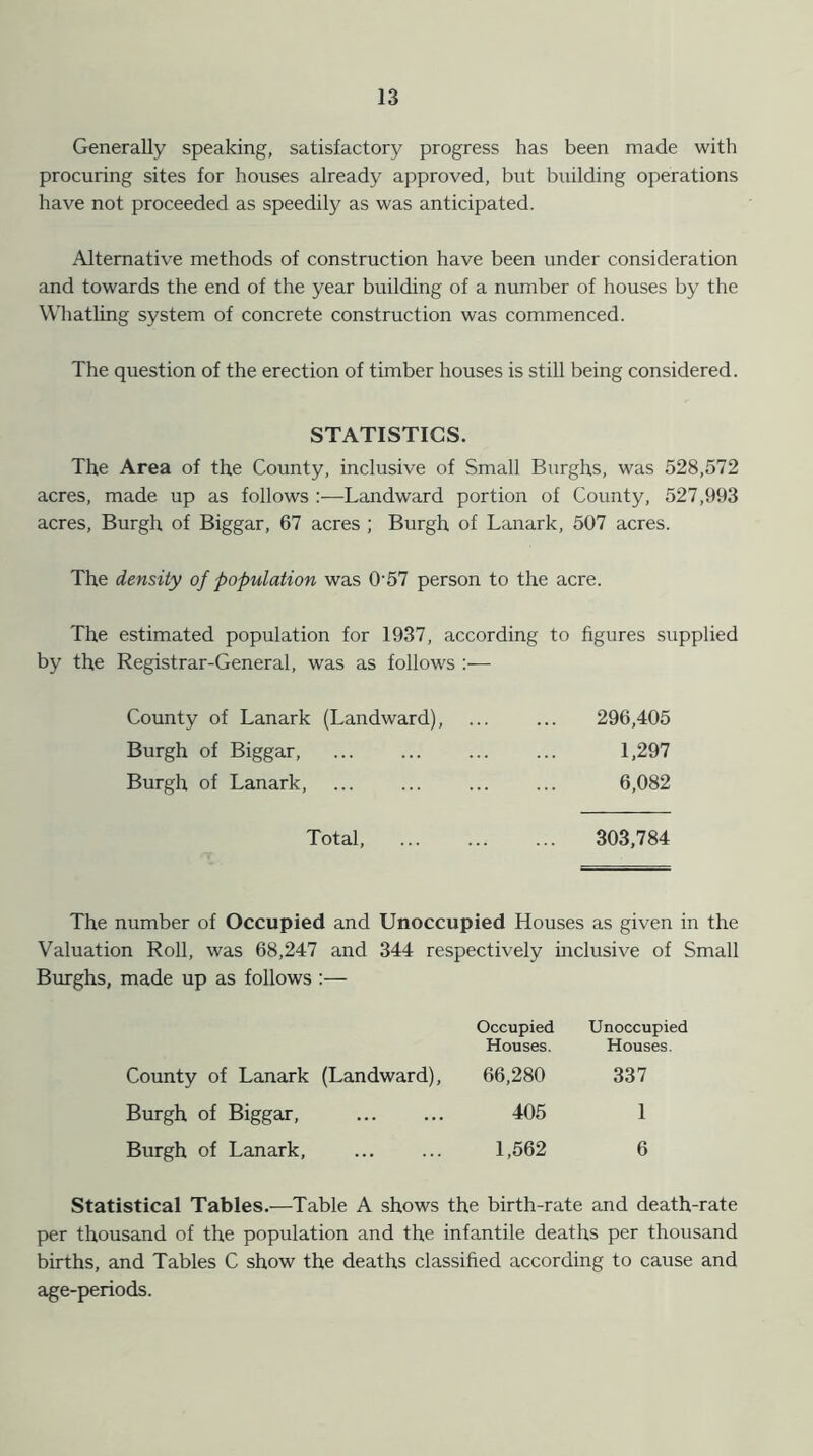 Generally speaking, satisfactory progress has been made with procuring sites for houses already approved, but building operations have not proceeded as speedily as was anticipated. Alternative methods of construction have been under consideration and towards the end of the year building of a number of houses by the Whatling system of concrete construction was commenced. The question of the erection of timber houses is still being considered. STATISTICS. The Area of the County, inclusive of Small Burghs, was 528,572 acres, made up as follows :—Landward portion of County, 527,993 acres, Burgh of Biggar, 67 acres ; Burgh of Lanark, 507 acres. The density of population was 0-57 person to the acre. The estimated population for 1937, according to figures supplied by the Registrar-General, was as follows :•— County of Lanark (Landward), ... ... 296,405 Burgh of Biggar, ... ... ... ... 1,297 Burgh of Lanark, ... ... ... ... 6,082 Total, 303,784 The number of Occupied and Unoccupied Houses as given in the Valuation Roll, was 68,247 and 344 respectively inclusive of Small Burghs, made up as follows :— Occupied Houses. Unoccupied Houses. County of Lanark (Landward), 66,280 337 Burgh of Biggar, 405 1 Burgh of Lanark, 1,562 6 Statistical Tables.—Table A shows the birth-rate and death-rate per thousand of the population and the infantile deaths per thousand births, and Tables C show the deaths classified according to cause and age-periods.