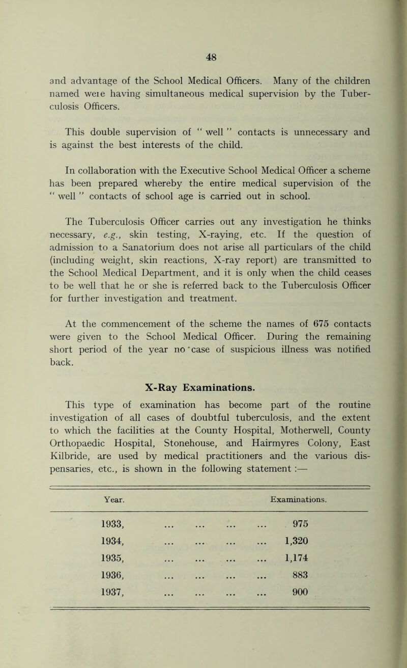 and advantage of the School Medical Officers. Many of the children named weie having simultaneous medical supervision by the Tuber- culosis Officers. This double supervision of “ well ” contacts is unnecessary and is against the best interests of the child. In collaboration with the Executive School Medical Officer a scheme has been prepared whereby the entire medical supervision of the “ well ” contacts of school age is carried out in school. The Tuberculosis Officer carries out any investigation he thinks necessary, e.g., skin testing, X-raying, etc. If the question of admission to a Sanatorium does not arise all particulars of the child (including weight, skin reactions, X-ray report) are transmitted to the School Medical Department, and it is only when the child ceases to be well that he or she is referred back to the Tuberculosis Officer for further investigation and treatment. At the commencement of the scheme the names of 675 contacts were given to the School Medical Officer. During the remaining short period of the year no'case of suspicious illness was notified back. X-Ray Examinations. This type of examination has become part of the routine investigation of all cases of doubtful tuberculosis, and the extent to which the facilities at the County Hospital, Motherwell, County Orthopaedic Hospital, Stonehouse, and Hairmyres Colony, East Kilbride, are used by medical practitioners and the various dis- pensaries, etc., is shown in the following statement :— Year. Examinations. 1933, 975 1934, 1,320 1935, 1,174 1936, 883 - 1937, 900