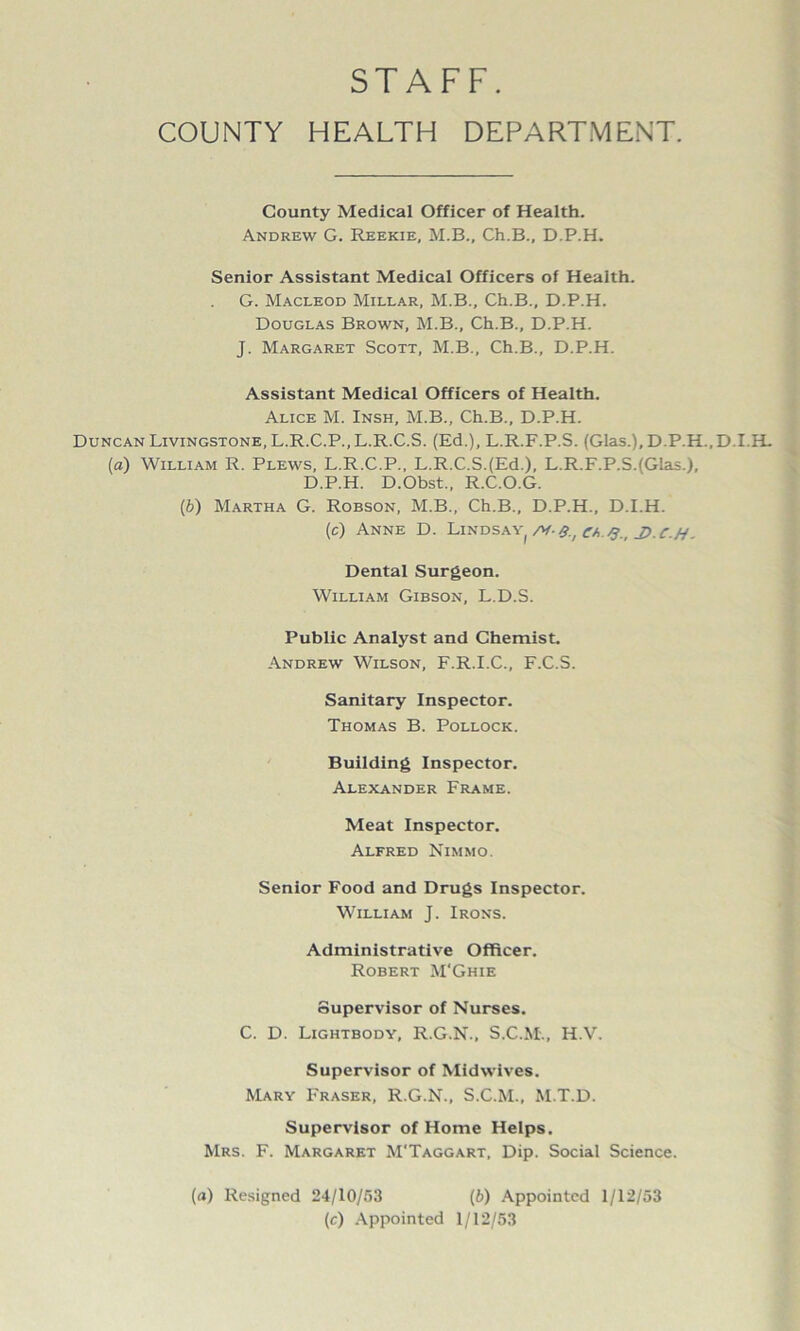 STAFF. COUNTY HEALTH DEPARTMENT. County Medical Officer of Health. Andrew G. Reekie, M.B., Ch.B., D.P.H. Senior Assistant Medical Officers of Health. G. Macleod Millar, M.B., Ch.B., D.P.H. Douglas Brown, M.B., Ch.B., D.P.H. J. Margaret Scott, M.B., Ch.B., D.P.H. Assistant Medical Officers of Health. Alice M. Insh, M.B., Ch.B., D.P.H. Duncan Livingstone, L.R.C.P., L.R.C.S. (Ed.), L.R.F.P.S. (Glas.), D.P.H., D.I.H. (a) William R. Plews, L.R.C.P., L.R.C.S.(Ed.), L.R.F.P.S.(Glas.), D.P.H. D.Obst., R.C.O.G. (b) Martha G. Robson, M.B., Ch.B., D.P.H., D.I.H. (c) Anne D. Lindsay /¥•/?., eh.Q., D.c.H. Dental Surgeon. William Gibson, L.D.S. Public Analyst and Chemist. Andrew Wilson, F.R.I.C., F.C.S. Sanitary Inspector. Thomas B. Pollock. Building Inspector. Alexander Frame. Meat Inspector. Alfred Nimmo. Senior Food and Drugs Inspector. William J. Irons. Administrative Officer. Robert M'Ghie Supervisor of Nurses. C. D. Lightbody, R.G.N., S.C.M., H.V. Supervisor of Midwives. Mary Fraser, R.G.N., S.C.M., M.T.D. Supervisor of Home Helps. Mrs. F. Margaret M'Taggart, Dip. Social Science. (a) Resigned 24/10/53 (6) Appointed 1/12/53 (e) Appointed 1/12/53