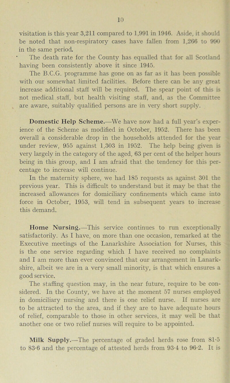 visitation is this year 3,211 compared to 1,991 in 1946. Aside, it should be noted that non-respiratory cases have fallen from 1,266 to 990 in the same period. The death rate for the County has equalled that for all Scotland having been consistently above it since 1945. The B.C.G. programme has gone on as far as it has been possible with our somewhat limited facilities. Before there can be any great increase additional staff will be required. The spear point of this is not medical staff, but health visiting staff, and, as the Committee are aware, suitably qualified persons are in very short supply. Domestic Help Scheme.—We have now had a full }rear’s exper- ience of the Scheme as modified in October, 1952. There has been overall a considerable drop in the households attended for the year under review, 955 against 1,303 in 1952. The help being given is very largely in the category of the aged, 63 per cent of the helper hours being in this group, and I am afraid that the tendency for this per- centage to increase will continue. In the maternity sphere, we had 185 requests as against 301 the previous year. This is difficult to understand but it may be that the increased allowances for domiciliary confinements which came into force in October, 1953, will tend in subsequent }7ears to increase this demand. Home Nursing.—This service continues to run exceptionally satisfactorily. As I have, on more than one occasion, remarked at the Executive meetings of the Lanarkshire Association for Nurses, this is the one service regarding which I have received no complaints and I am more than ever convinced that our arrangement in Lanark- shire, albeit we are in a very small minority, is that which ensures a good service. The staffing question may, in the near future, require to be con- sidered. In the County, we have at the moment 57 nurses employed in domiciliary nursing and there is one relief nurse. If nurses are to be attracted to the area, and if the}7 are to have adequate hours of relief, comparable to those in other services, it may well be that another one or two relief nurses will require to be appointed. Milk Supply.—The percentage of graded herds rose from SI-5 to 83-6 and the percentage of attested herds from 93-4 to 96-2. It is