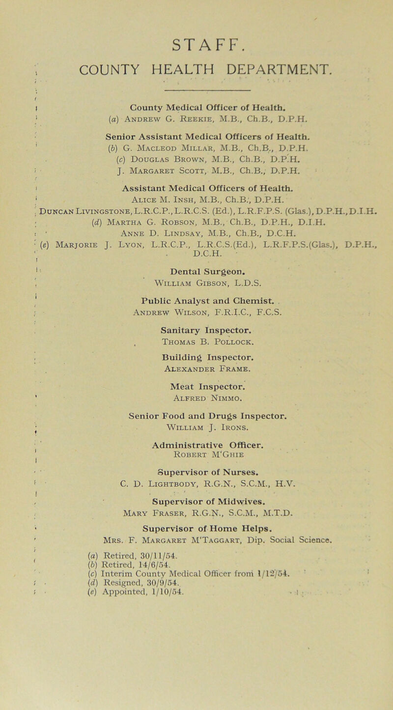 STAFF. COUNTY HEALTH DEPARTMENT. i County Medical Officer of Health. ; (a) Andrew G. Reekie, M.B., Ch.B., D.P.H. Senior Assistant Medical Officers of Health. (,b) G. Macleod Millar, M.B., Ch.B., D.P.H. (c) Douglas Brown, M.B., Ch.B., D.P’H. J. Margaret Scott, M.B., Ch.B., D.P.H. i Assistant Medical Officers of Health. • Alice M. Insh, M.B., Ch.B:, D.P.H. Duncan Livingstone, L.R.C.P.,L.R.C.S. (Ed.), L.R.F.P.S. (Glas.), D.P.H., D.I.H. [d] Martha G. Robson, M.B., Ch.B., D.P.H., D.I.H. ! ' Anne D. Lindsay, M.B., Ch.B., D.C.H. : (e) Marjorie J. Lyon, L.R.C.P., L.R.C.S.(Ed.), L.R.F.P.S.(Glas.), D.P.H., D.C.H. i 1 Dental Surgeon. William Gibson, L.D.S. Public Analyst and Chemist. ; Andrew Wilson, F.R.I.C., F.C.S. Sanitary Inspector. . Thomas B. Pollock. Building Inspector. Alexander Frame. Meat Inspector. ' Alfred Nimmo. Senior Food and Drugs Inspector. William T. Irons. f J Administrative Officer. Robert M'Ghie Supervisor of Nurses. i C. D. Lightbody, R.G.N., S.C.M., H.V. ! , Supervisor of Midwives. Mary Fraser, R.G.N., S.C.M., M.T.D. • Supervisor of Home Helps. ' Mrs. F. Margaret M'Taggart, Dip. Social Science. (a) Retired, 30/11/54. (b) Retired, 14/6/54. (c) Interim County Medical Officer froni 1/12/54. : ■ (d) Resigned, 30/9/54. ; (c) Appointed, 1/10/54. • i •
