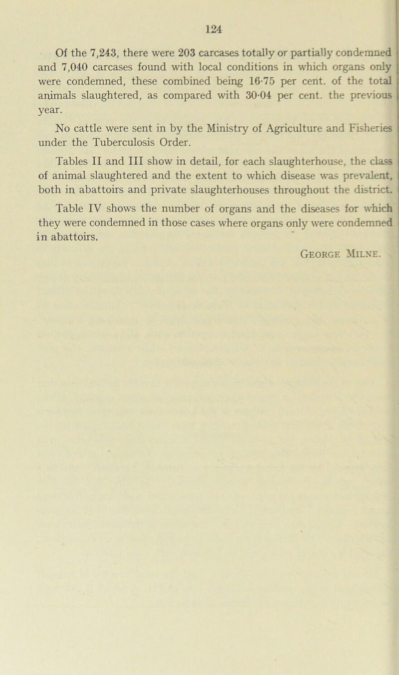 Of the 7,243, there were 203 carcases totally or partially condemned and 7,040 carcases found with local conditions in which organs only were condemned, these combined being 16-75 per cent, of the total animals slaughtered, as compared with 30-04 per cent, the previous year. No cattle were sent in by the Ministry of Agriculture and Fisheries under the Tuberculosis Order. Tables II and III show in detail, for each slaughterhouse, the class of animal slaughtered and the extent to which disease was prevalent, both in abattoirs and private slaughterhouses throughout the district. Table IV shows the number of organs and the diseases for which they were condemned in those cases where organs only were condemned in abattoirs. George Milne.
