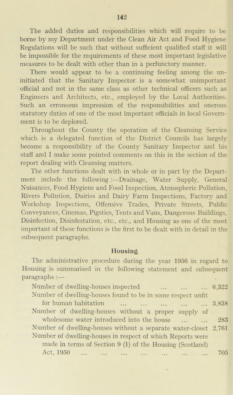 The added duties and responsibilities which will require to be borne by my Department under the Clean Air Act and Food Hygiene Regulations will be such that without sufficient qualified staff it will be impossible for the requirements of these most important legislative measures to be dealt with other than in a perfunctory manner. There would appear to be a continuing feeling among the un- initiated that the Sanitary Inspector is a somewhat unimportant official and not in the same class as other technical officers such as Engineers and Architects, etc., employed by the Local Authorities. Such an erroneous impression of the responsibilities and onerous statutory duties of one of the most important officials in local Govern- ment is to be deplored. Throughout the County the operation of the Cleansing Service which is a delegated function of the District Councils has largely become a responsibility of the County Sanitary Inspector and his staff and I make some pointed comments on this in the section of the report dealing with Cleansing matters. The other functions dealt with in whole or in part by the Depart- ment include the following:—Drainage, Water Supply, General Nuisances, Food Hygiene and Food Inspection, Atmospheric Pollution, Rivers Pollution, Dairies and Dairy Farm Inspections, Factory and Workshop Inspections, Offensive Trades, Private Streets, Public Conveyances, Cinemas, Pigsties, Tents and Vans, Dangerous Buildings, Disinfection, Disinfestation, etc., etc., and Housing as one of the most important of these functions is the first to be dealt with in detail in the subsequent paragraphs. Housing The administrative procedure during the year 1956 in regard to Housing is summarised in the following statement and subsequent paragraphs :— Number of dwelling-houses inspected 6,322 Number of dwelling-houses found to be in some respect unfit for human habitation 3,S38 Number of dwelling-houses without a proper supply of wholesome water introduced into the house 283 Number of dw'elling-houses without a separate water-closet 2,761 Number of dwelling-houses in respect of which Reports were made in terms of Section 9 (1) of the Housing (Scotland) Act, 1950 705