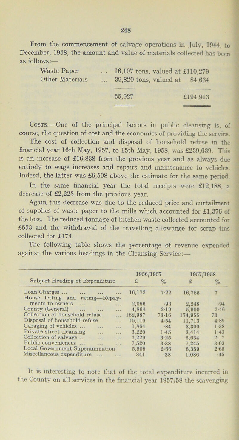 From the commencement of salvage operations in July, 1944, to December, 1958, the amount and value of materials collected has been as follows:— Waste Paper ... 16,107 tons, valued at £110,279 Other Materials ... 39,820 tons, valued at 84,634 55,927 £194,913 Costs.—One of the principal factors in public cleansing is, of course, the question of cost and the economics of providing the service. The cost of collection and disposal of household refuse in the financial year 16th May, 1957, to 15th May, 1958, was £239,639. This is an increase of £16,838 from the previous year and as always due entirely to wage increases and repairs and maintenance to vehicles. Indeed, the latter was £6,508 above the estimate for the same period In the same financial year the total receipts were £12,188, a decrease of £2,223 from the previous year. Again this decrease was due to the reduced price and curtailment of supplies of waste paper to the mills which accounted for £1,376 of the loss. The reduced tonnage of kitchen waste collected accounted for £553 and the withdrawal of the travelling allowance for scrap tins collected for £174. The following table shows the percentage of revenue expended against the various headings in the Cleansing Service:— 1956/1957 1957/1958 Subject Heading of Expenditure £ % £ % Loan Charges ... 16,172 7-22 16,785 7 House letting and rating—Repay- ments to owners 2,086 •93 2,248 •94 County (General) 4,864 2-19 5,900 2-46 Collection of household refuse 162,987 73-16 174,955 73 Disposal of household refuse 10,110 4-54 11,713 4-89 Garaging of vehicles ... 1,864 •84 3,300 1-38 Private street cleansing 3,220 1-45 3,414 1-43 Collection of salvage ... 7,229 3-25 6,634 2- 7 Public conveniences ... 7,520 3-38 7,245 3 03 Local Government Superannuation 5,908 2-66 6,359 2-65 Miscellaneous expenditure ... 841 •38 1,086 •45 It is interesting to note that of the total expenditure incurred in the County on all services in the financial year 1957/58 the scavenging