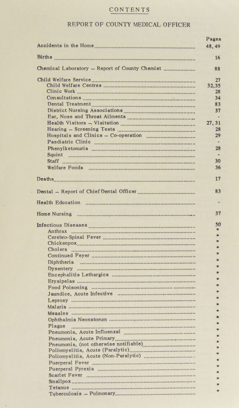 CONTENTS REPORT OF COUNTY MEDICAL OFFICER Pages Accidents in the Home 48, 49 Births 16 Chemical Laboratory — Report of County Chemist 88 Child Welfare Service 27 Child Welfare Centres 32,35 Clinic Work 28 Consultations 34 Dental Treatment . 83 District Nursing Associations 37 Ear, Nose and Throat Ailments Health Visitors -r Visitation 27, 31 Hearing — Screening Tests 28 Hospitals and Clinics — Co-operation 29 Paediatric Clinic Phenylketonuria ;.... 28 Squint Staff 30 Welfare Foods 36 Deaths . . 17 Dental — Report of Chief Dental Officer 83 Health Education Home Nursing 37 Infectious Diseases . ... 50 Anthrax Cerebro-Spinal Fever Chickenpox Cholera Continued Feyer Diphtheria Dysentery Encephalitis Lethargies Erysipelas Food Poisoning ..... Jaundice, Acute Infective Leprosy Malaria Measles .... Ophthalmia Neonatorum Plague Pneumonia, Acute Influenzal Pneumonia, Acute Primary Pneumonia, (not otherwise notifiable) Poliomyelitis, Acute (Paralytic) Poliomyelitis, Acute (Non-Paralytic) Puerperal Fever Puerperal Pyrexia Scarlet Fever Smallpox Tetanus Tuberculosis — Pulmonary