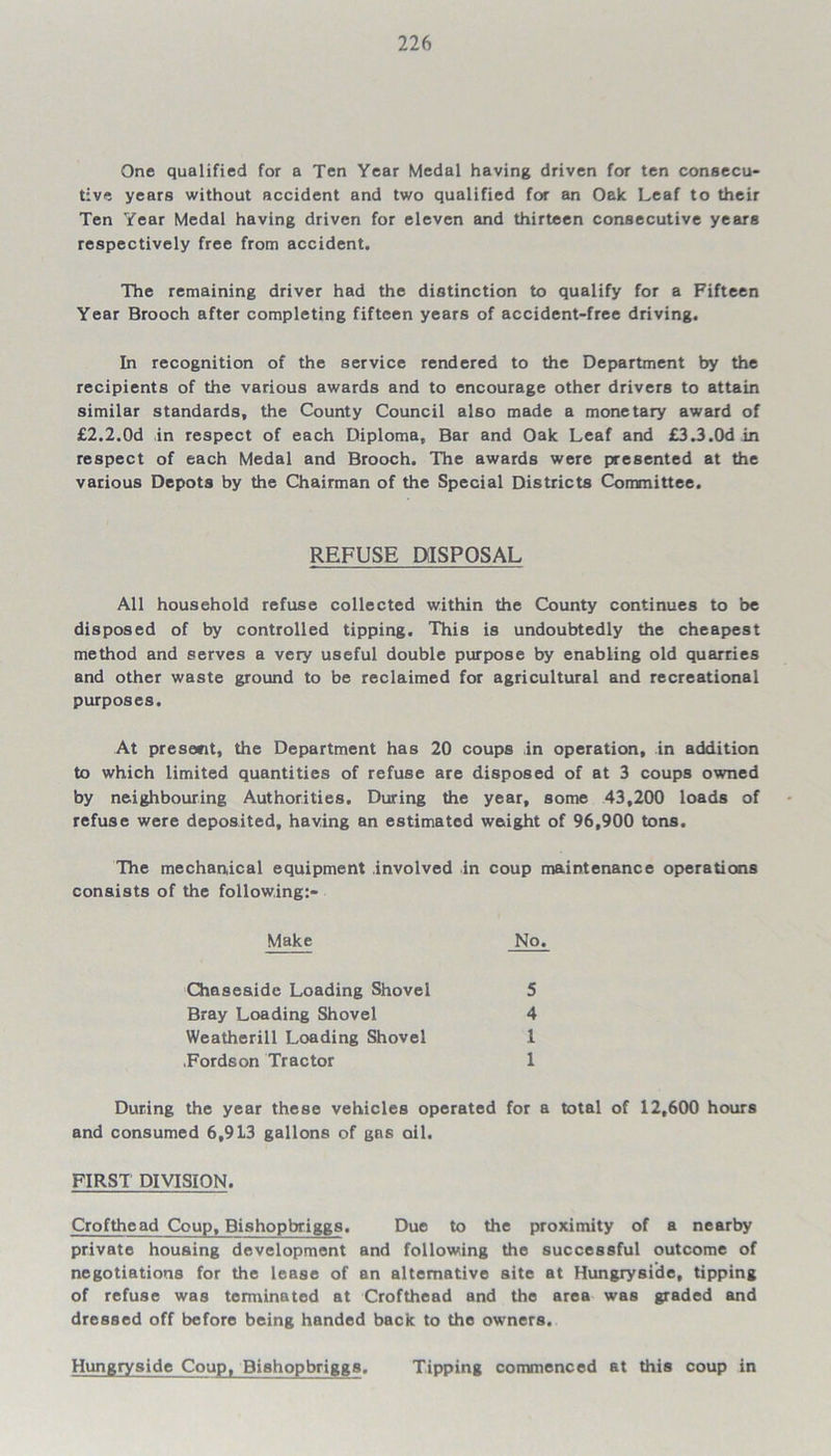 One qualified for a Ten Year Medal having driven for ten consecu- tive years without accident and two qualified for an Oak Leaf to their Ten Year Medal having driven for eleven and thirteen consecutive years respectively free from accident. The remaining driver had the distinction to qualify for a Fifteen Year Brooch after completing fifteen years of accident-free driving. In recognition of the service rendered to the Department by the recipients of the various awards and to encourage other drivers to attain similar standards, the County Council also made a monetary award of £2.2.0d in respect of each Diploma, Bar and Oak Leaf and £3.3.0d in respect of each Medal and Brooch. The awards were presented at the various Depots by the Chairman of the Special Districts Committee. REFUSE DISPOSAL All household refuse collected within the County continues to be disposed of by controlled tipping. This is undoubtedly the cheapest method and serves a very useful double purpose by enabling old quarries and other waste ground to be reclaimed for agricultural and recreational purposes. At present, the Department has 20 coups in operation, in addition to which limited quantities of refuse are disposed of at 3 coups owned by neighbouring Authorities. During the year, some 43,200 loads of refuse were deposited, having an estimated weight of 96,900 tons. The mechanical equipment involved in coup maintenance operations consists of the follow.ing:- Make No. Chaseside Loading Shovel 5 Bray Loading Shovel 4 Weatherill Loading Shovel 1 .Fordson Tractor 1 During the year these vehicles operated for a total of 12,600 hours and consumed 6,913 gallons of gas oil. FIRST DIVISION. Crofthead Coup, Bishopbriggs. Due to the proximity of a nearby private housing development and following the successful outcome of negotiations for the lease of an alternative site at Hungryside, tipping of refuse was terminated at Crofthead and the area was graded and dressed off before being handed back to the owners. Hungryside Coup, Bishopbriggs. Tipping commenced at this coup in
