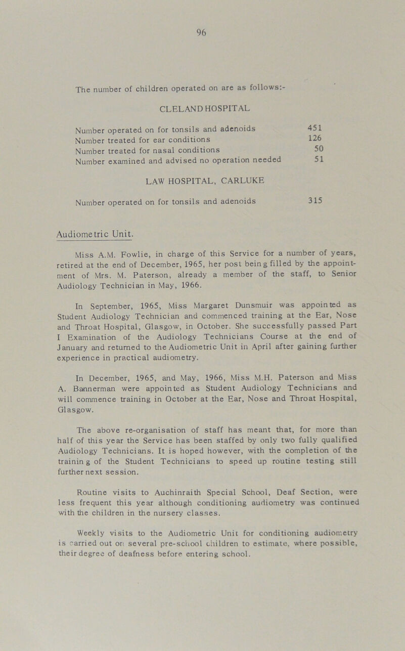 The number of children operated on are as follows:- CLELAND HOSPITAL Number operated on for tonsils and adenoids Number treated for ear conditions Number treated for nasal conditions Number examined and advised no operation needed 451 126 50 51 LAW HOSPITAL, CARLUKE Number operated on for tonsils and adenoids 315 Audiometric Unit. Miss A.M. Fowlie, in charge of this Service for a number of years, retired at the end of December, 1965, her post being filled by the appoint- ment of Mrs. M. Paterson, already a member of the staff, to Senior Audiology Technician in May, 1966. In September, 1965, Miss Margaret Dunsmuir was appointed as Student Audiology Technician and commenced training at the Ear, Nose and Throat Hospital, Glasgow, in October. She successfully passed Part I Examination of the Audiology Technicians Course at the end of January and returned to the Audiometric Unit in April after gaining further experience in practical audiometry. In December, 1965, and May, 1966, Miss M.H. Paterson and Miss A. Bannerman were appointed as Student Audiology Technicians and will commence training in October at the Ear, Nose and Throat Hospital, Glasgow. The above re-organisation of staff has meant that, for more than half of this year the Service has been staffed by only two fully qualified Audiology Technicians. It is hoped however, with the completion of the trainin g of the Student Technicians to speed up routine testing still further next session. Routine visits to Auchinraith Special School, Deaf Section, were less frequent this year although conditioning audiometry was continued with the children in the nursery classes. Weekly visits to the Audiometric Unit for conditioning audiometry is parried out ori several pre-school children to estimate, where possible, their degree of deafness before entering school.