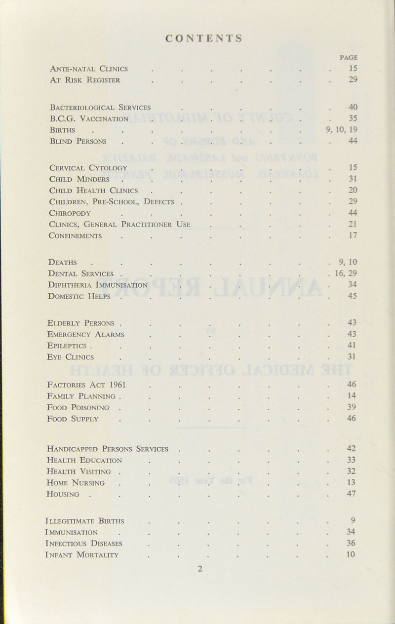 CONTENTS PAGE Ante-natal Clinics . . . . . . .15 At Risk Register ....... 29 Bacteriological Services ...... 40 B.C.G. Vaccination ....... 35 Births . . . . . . . . 9, 10, 19 Blind Persons ........ 44 Cervical Cytology . . . . . . .15 Child Minders ........ 31 Child Health Clinics ....... 20 Children, Pre-School, Defects ...... 29 Chiropody ........ 44 Clinics, General Practitioner Use . . . . .21 Confinements ........ 17 Deaths . . . . . . . . . 9. 10 Dental Services . . . . . . . . 16,29 Diphtheria Immunisation ...... 34 Domestic Helps ........ 45 Elderly Persons ........ 43 Emergency Alarms ....... 43 Epileptics ......... 41 Eye Clinics ........ 31 Factories Act 1961 ....... 46 Family Planning ........ 14 Food Poisoning ........ 39 Food Supply ........ 46 Handicapped Persons Services ...... 42 Health Education . . . . . . .33 Health Visiting ........ 32 Home Nursing ........ 13 Housing ......... 47 Illegitimate Births ....... 9 IMMUNISATION ........ 34 Infectious Diseases . . . . . . .36 Infant Mortality . . . . . . .10