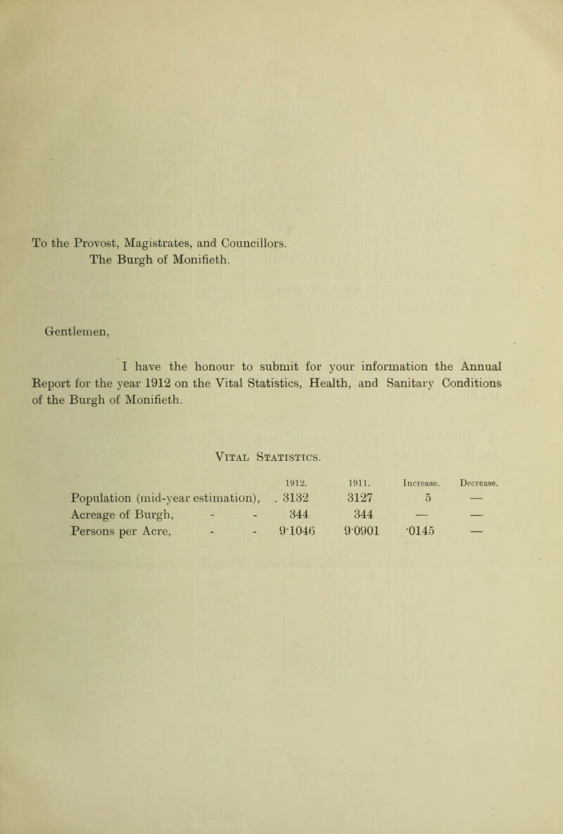 To the Provost, Magistrates, and Councillors. The Burgh of Monifieth. Gentlemen, I have the honour to submit for your information the Annual Report for the year 1912 on the Vital Statistics, Health, and Sanitary Conditions of the Burgh of Monifieth. Vital Statistics. 1912. 1911. Increase. Decrease. Population (mid-year estimation), . 3132 3127 5 — Acreage of Burgh, 344 344 — — Persons per Acre, 91046 90901 •0145 —