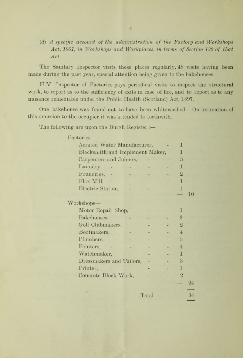 (<d) A specific account of the administration of the Factory and Workshops Act, 1901, in Workshops and Workplaces, in terms of Section 132 of that Act. The Sanitary Inspector visits these places regularly, 48 visits having been made during the past year, special attention being given to the bakehouses. H.M. Inspector of Factories pays periodical visits to inspect the structural work, to report as to the sufficiency of exits in case of fire, and to report as to any nuisance remediable under the Public Health (Scotland) Act, 1897. One bakehouse was found not to have been whitewashed. On intimation of this omission to the occupier it was attended to forthwith. The following are upon the Burgh Register :— Factories— Aerated Water Manufacturer, - 1 Blacksmith and Implement Maker, 1 Carpenters and Joiners, - -3 Laundry, - - - - 1 Foundries, 2 Flax Mill, - - - 1 Electric Station, - - - 1 — 10 Workshops— Motor Repair Shop, - - 1 Bakehouses, - - 3 Golf Clubmakers, - 2 Bootmakers, - - - 4 Plumbers, - - - 3 Painters, - - - 4 Watchmaker, - - - 1 Dressmakers and Tailors, - 3 Printer, 1 Concrete Block Work, - 2 — 24 Total 34