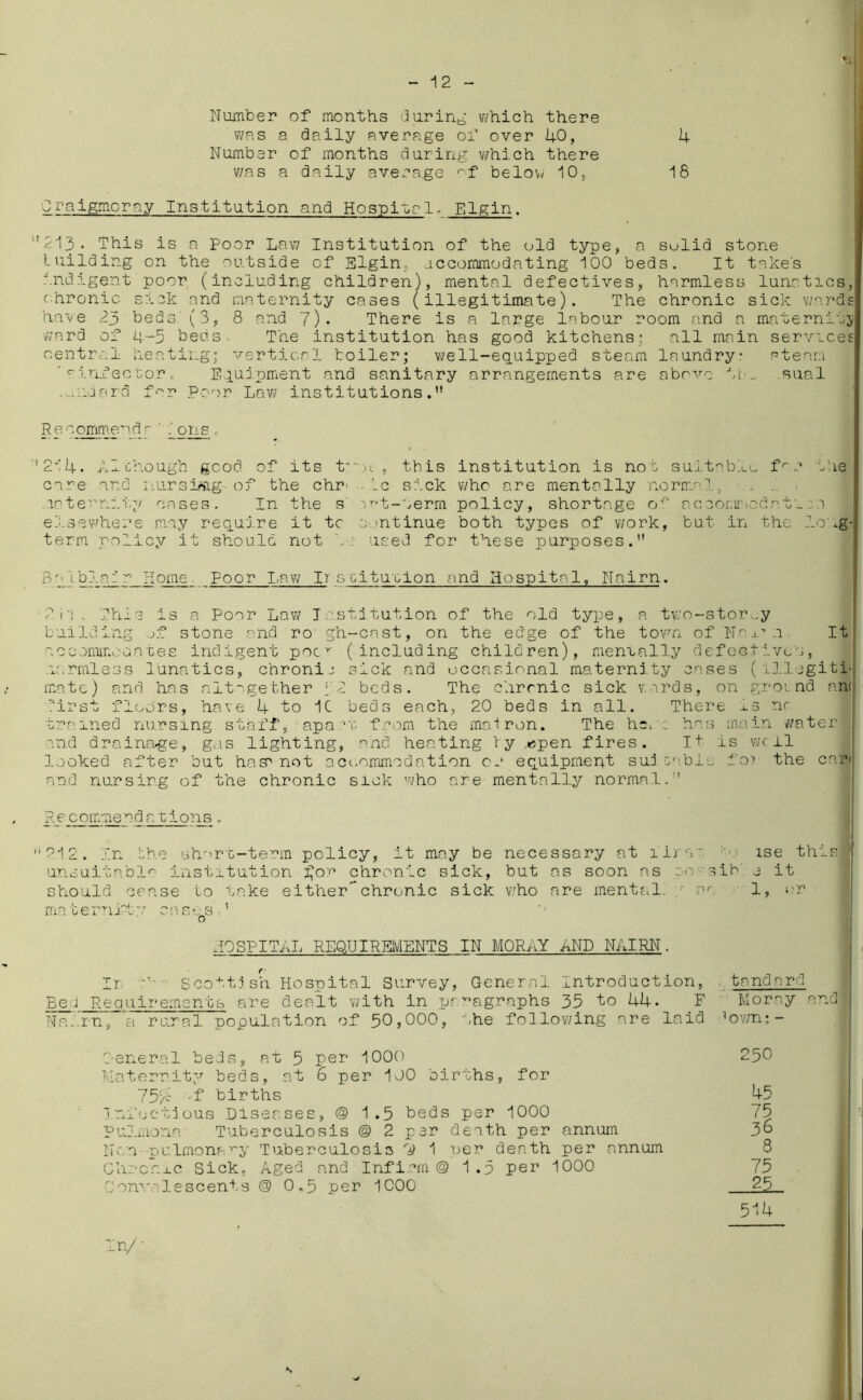 1 2 Number of months during which there was a daily average of over 40, 4 Number of months during which there was a daily average ^f below 10, 18 0raigmoray Institution and Hospital. Elgin. '213. This is a Poor Law Institution of the old type, a sulid stone tuilding on the outside of Elgin, accommodating 100 beds. It take's indigent poor (including children), mental defectives, harmless lunatics, chronic sick and maternity cases (illegitimate). The chronic sick wards have 23 beds'(3, 8 and 7). There is a large labour room and a maternity ward of 4-5 beds. The institution has good kitchens; all main services central heating; vertical toiler; well-equipped steam laundry steam ■finfector. Equipment and sanitary arrangements are above hb„ sual -uiidard for Poor Lav/ institutions. Recommends ' ons , ’214. Although good of its t;.“x.-, this institution is not suitable far the care and nursisig- of the chr< .. tc sick v/ho are mentally normal, .intern:.t.y cases. In the s' ert-term policy, shortage nccommodati:n elsewhere may require it tc c ontinue both types of work, but in the long- term policy it should not to used for these purposes. Batbln:r Home. Poor I,aw It scituoion and Hospital, Nairn. 2 il . This is a Poor Low Institution of the old type, a two-stor..y building of stone and ro gh-cast, on the edge of the town of Ur.r .1 It accommeoates indigent pocr (including children), menially defectives, uarmless lunatics, chronic sick and occasional maternity cases (illegiti- mate) and has altogether ‘ 2 beds. The chronic sick v.ards, on ground ant first floors, have 4 to 1C beds each, 20 beds in all. There Is nr trained nursing staff, : apa ?t. from the malron. The hsrc has main water ( and drainage, gas lighting, and heating b y ,*?pen fires. 1+ is well looked after but has' not accommodation or equipment suitable fo? the car and nursing of the chronic sick who are mentally normal.'' R e c omme nd a 11ons. (i 212. In the short-term policy, it may be necessary at lira a :'o lse this unsuitable institution £or chronic sick, but as soon as pc sib 0 it should cease to take eitherchronic sick who are mental. r no 1, *?r materni'tpr cas*s ■ ’ o HOSPITAL REQUIREMENTS IN M0R,ff AND NAIRN. In Scottish Hospital Survey, General Introduction, tandard Bed Requirements are dealt with in prragraphs 35 to 44. F Moray and Nairn, a rural population of 50,000, the following are laid ’ovm:- 2-eneral beds, at 5 per 1000 250 Maternity beds, at 6 per 1 JO births, for 75/ -f births k5 Infectious Diseases, @1.5 beds per 1000 75 Pulmona Tuberculosis @ 2 par death per annum 3° Non--pulmonary Tuberculosis @ 1 uer death per annum 8 Chronic Sick, Aged and Infirm @ 1.5 per 1000 75 Convalescents @ 0.5 per 1000 25.. 51U In/' S