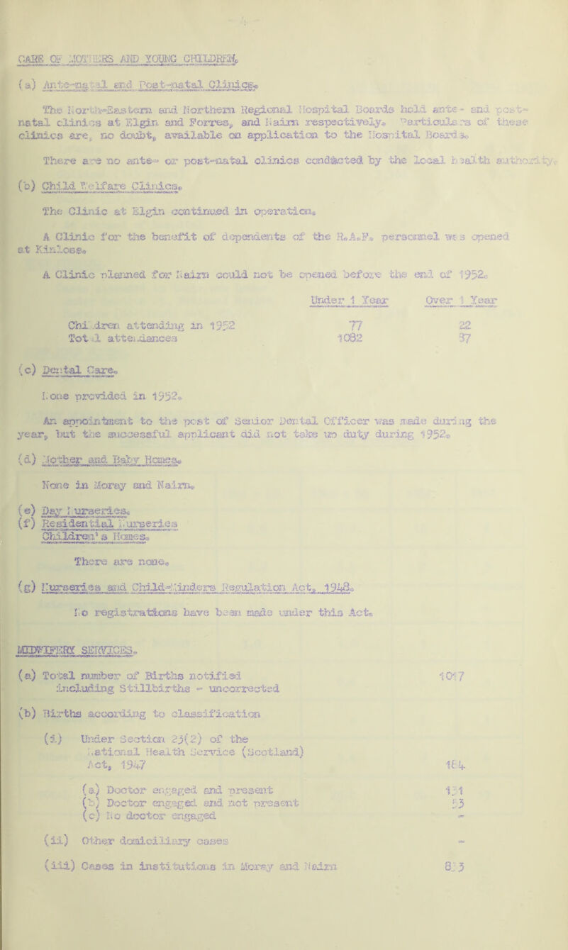 CAHE 09^101 DRS AND YOUNG CIULllMflk (a) Anie^nsp dl ard Post--na.taI Clinic©® The Kor kh^Easfcem said Northern. Regional Hospital Boards held ante * sod - natal clinics at Elgin and Forres*, and Haim respectively* ^articulc m of im&r clinics are no doubt* available on application, to the Hospital Board s.:. There are no ante* or post-natal olinics conducted by the local hialth euthc.r: . (b) Child Welfare Clinics® The Clinic at Elgin continued in operatic*!® A Clinic for the benefit of dependents of the R*A*F* personnel m s opened at Kinloss® A Clinic planned for Haim could not be opened before' the m3. of '952c- Chi .dren attending in. 1952 Tot .1 attendances (c) Dental Cargo I,'one provided in 1952* An appointment to the post of Senior Dental Officer was irsde during the year* but the successful, applicant aid not te'ke ik> duty during 1952c (d) .'.{other and Baby Hemes® None in Moray and Naim® (e) Day I.urseries* (f) Residential burseriea Children' s Hanes* There are none* (g) Cursexiea and Child-f landers Regulation Act, 191*8.* I'<o registrations have been sade under this Act*, vcnmFSsa seiwicbs® (a) Total number of Births notified 1017 including Stillbirths - uncorrected (b) Births according to classification (i) Under Section 23(2) of the Rational Health Service (Scotland) /^ct, 1947 164 (a) Doctor engaged and present 1; 1 fb) Doctor engaged and not present 55 (c) lie? doctor engaged « (ii) Other domiciliary cases (iii) Gases in institutions in Moray and Nairn 8.13 Under J_ Year 77 1082 Over 1 Year 37