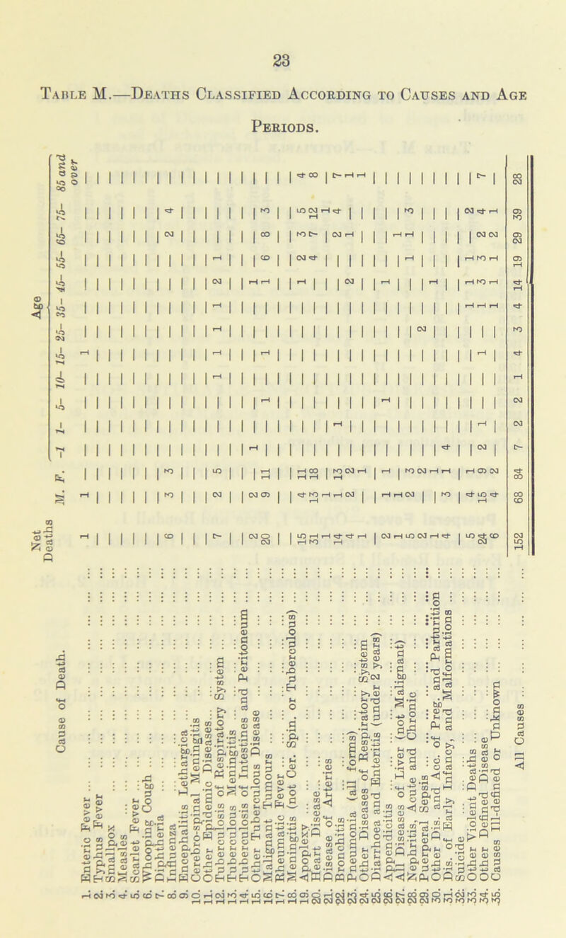 Net Age Deaths ■ . Cause of Death. M. F. -1 1- 5- 10- 15- 25- 35 - 45- 55- 65- 75- 85 and over Table M.—Deaths Classified According to Causes and Age Periods. I I I I I I I I I I I I I fO 00 I I I I I I | CO | C*- rH rH | fO C- <M HCO I NO 03 r H H I ?H <3- hO rH .H CM I I*- I 03 H | CM CM rH rO rH HN)H fQ CM rH rH CM I I hO CM H 05 <M lO ^ I I I IBS rH H- H- rH | CM H ID CM H H | ID gj CO 2 :::::::::::::::::: s s a ::•• • o g ■ • •§ ^ ■. • • *j| — ■ : S ' ' ’ § § 3 ’ d ' '(2 S ' ' ’ 6‘r* H s a) S Pn p :§ i : :.§ : 1 : I :fl ! :Z° i m ^ P, mC3 -2? AH d :: i i :::::: i,g“ -t) I : :3 0 i “ g S *r § : .2»o -ss • •« -|| •£§ ■ ■ -a M : i i : : i||I||.SS : 5 : i ^ i i gP ::::::: : ^1° S :6§ | S . • .Xi . .|s>g-gos° • ■£ .-^1 J(3| : : ; :HU-a‘3S'8'3iS2 :o3^h :a>cS <0 C § “ CO <0 : %<  “ A m cn ^ $ § £ : a 2 ,§ •g §|.S--|| g-g.2® | § |g §•§ 1*1 o;§| m S lgs| sill § SS-g-S-sSailAS! S Sa||h 3 hhmSw^q£hochhhoS«S^Wp«PhOP<k^p^oPccOOo rH 03 fO ^ UD CD ^ CX3 03 O rH CM nS ^ lO cd C-^ 00 03 OHCMtOHLQCDO-COOlOHOJtOHiC CMCMps3CMCMCMCMCMCs]CMNOrorOrOK3K) All Causes .