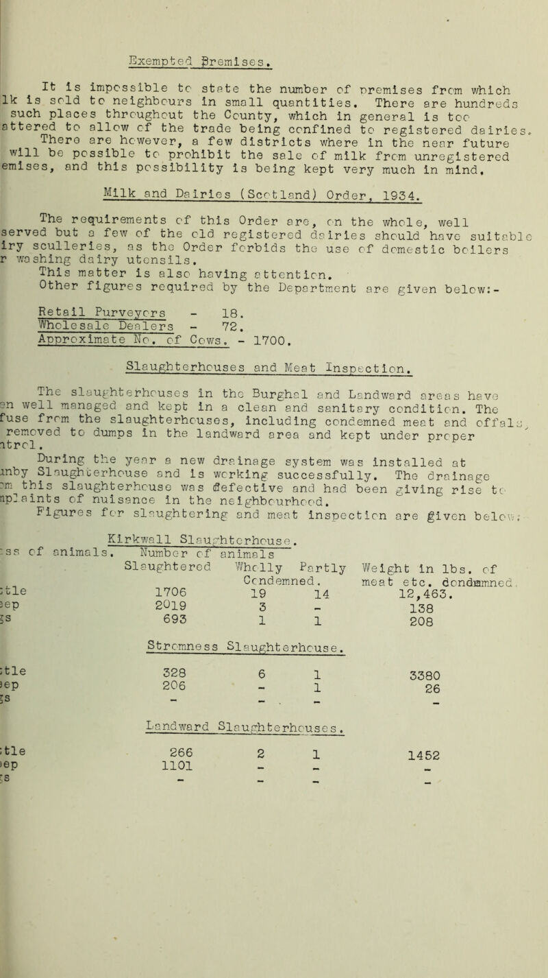 Exempted premises. It is impossible to state the number of premises from which lk is sold to neighbours in small quantities. There are hundreds such places throughout the County, which in general is too attered to allow of the trade being confined to registered dairies. There are however, a few districts where in the near future will be possible to prohibit the sale of milk from unregistered emises, and this possibility is being kept very much in mind, Milk and Dairies (Scotland) Order, 1954. The requirements of this Order are, on the whole, well served but a few of the old registered dairies should have suitable iry sculleries, as the Order forbids the use of domestic boilers r washing dairy utensils. This matter is also having attention. Other figures required by the Department are given belcw:- Retail Purveyors - 18. Wholesale Dealers - 72. Approximate No. of Cows. - 1700. Slaughterhouses and Meat Inspection. The slaughterhouses in the Burghal and Landward areas have ?n well managed and kept in a clean and sanitary condition. The fuse from the slaughterhouses, including condemned meat and offals^ removed to dumps in the landward area and kept under proper ntrcl. During the year a new drainage system was installed at inby Slaughterhouse and is working successfully. The drainage -m this slaughterhouse was defective and had been giving rise to np]aints of nuisance in the neighbourhood. Figures for slaughtering and meat inspection are given below. :ss of ;tle 5ep Kirkwall Slaughterhouse, animals. Number of animals Slaughtered 1706 2019 693 Wholly Partly Condemned. 19 14 3 1 1 Weight in lbs. of meat etc. dcndffimned, 12,463. 138 208 :tle jep 5s ;tle iep Strcmness Slaughterhouse. 328 6 1 3380 206 1 26 Landward Sia ugh t e rhou s e s. 266 1101 1 1452 2