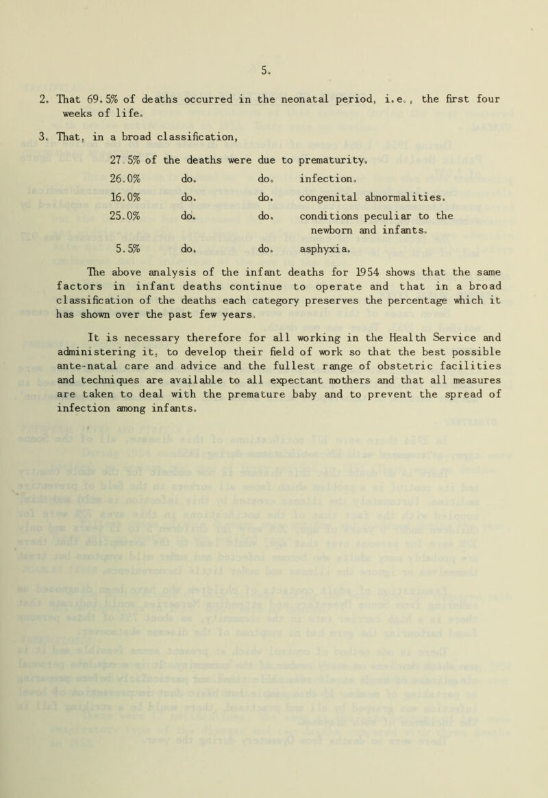 2. That 69.5% of deaths occurred in the neonatal period, i.e, , the first four weeks of life. 3. That, in a broad classification, 27 5% of the deaths were due to prematurity. 26,0% do. do. infection. 16.0% do. do. congenital abnormalities. 25.0% do. do. conditions peculiar to the newborn and infants. 5.5% do. do. asphyxia. The above analysis of the infant deaths for 1954 shows that the same factors in infant deaths continue to operate and that in a broad classification of the deaths each category preserves the percentage which it has shown over the past few years,, It is necessary therefore for all working in the Health Service and administering it, to develop their field of work so that the best possible ante-natal care and advice and the fullest range of obstetric facilities and techniques are available to all expectant mothers and that all measures are taken to deal with the premature baby and to prevent the spread of infection among infants.