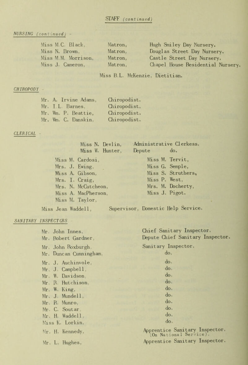 STAFF (continued) NUBSING (continued) - Matron, Matron, Matron, Matron, Miss M C Black, Miss N, Brown, Miss M M. Morrison. Miss J, Cameron, Hugh Smiley Day Nursery, Douglas Street Day Nursery, Castle Street Day Nursery, Chapel House Residential Nursery, Miss B L McKenzie, Dietitian, CHIROPODY CLERICAL Mr, A, Irvine Adams, Mr, I L Barnes, Mr, Win, P. Beattie, Mr. Wh, C, Danskin, Chiropodist, Chiropodist. Chiropodist, Chiropodist. Miss N. Devlin, Miss W. Hunter, Miss M, Cardosi, Mrs, J, Ewing. Miss A, Gibson. Mrs, I, Craig, Mrs, N. McCutcheon, Miss A. MacPherson. Miss M, Taylor. Administrative Clerkess, Depute do. Miss M, Tervit, Miss G. Semple, Miss S, Struthers, Miss P« West, Mrs, M. Docherty, Miss J, Pigot, Miss Jean Waddell, Supervisor, Domestic Help Service, SANITARY INSPECTORS Mr John Innes, Mr, Robe r t Gardne r, Mr John Roxburgh Mr. Duncan Cunningham Mr, J, Auchmvole, Mr, J Campbell, Mr W» Davidson Mr. R Hutchison, Mr, W, King. Mr, J Mundell, Mr. R. Munro, Mr. C. Sou tar Mr, H. Waddell, Miss K. Lorkin, Mr, H. Kennedy, Mr, L. Hughes, Chief Sanitary Inspector, Depute Chief Sanitary Inspector, Sanitary Inspector, do, do, do, do, do do. do, do, do, do. do. Apprentice Sanitary Inspector, (On National Service). Apprentice Sanitary Inspector,