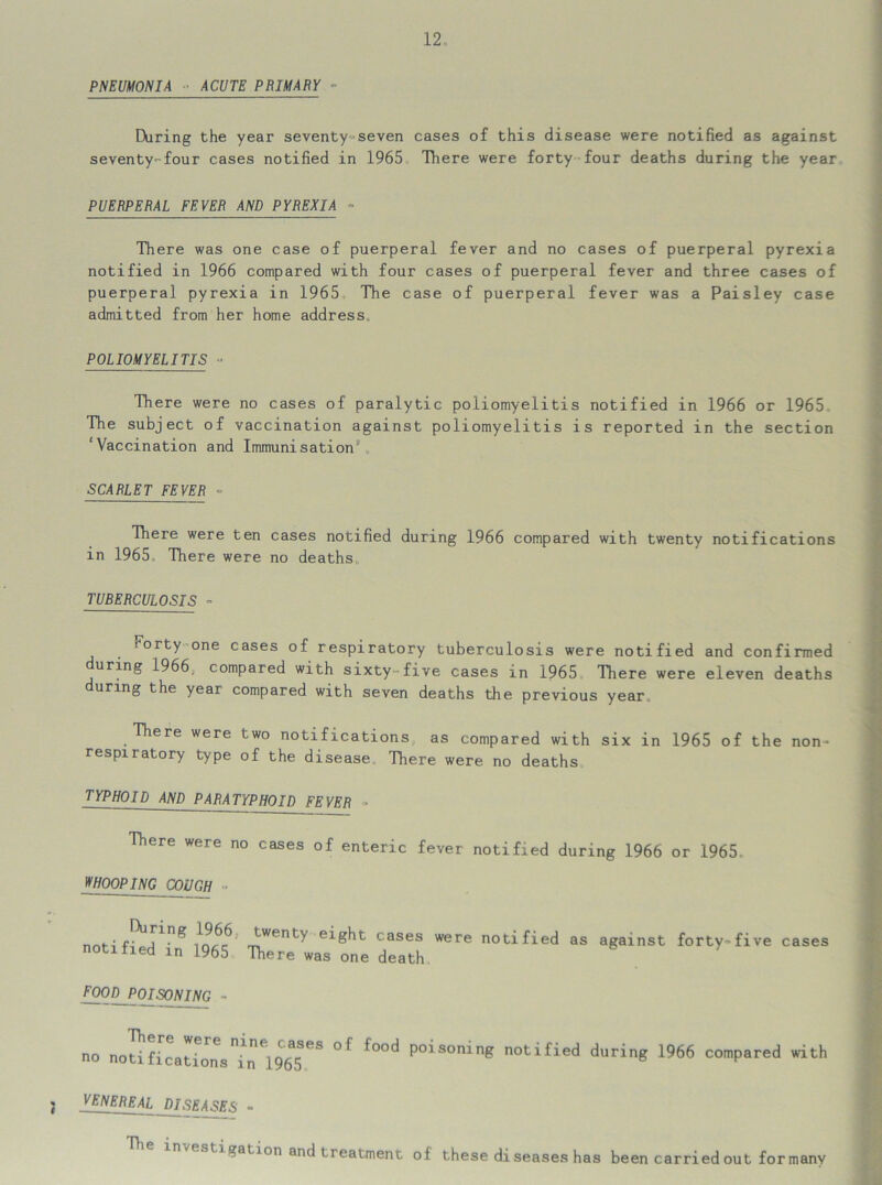 PNEUMONIA ACUTE PRIMARY - Daring the year seventy seven cases of this disease were notified as against seventy-four cases notified in 1965 There were forty four deaths during the year PUERPERAL FEVER AND PYREXIA - There was one case of puerperal fever and no cases of puerperal pyrexia notified in 1966 compared with four cases of puerperal fever and three cases of puerperal pyrexia in 1965 The case of puerperal fever was a Paisley case admitted from her home address. POLIOMYELITIS - There were no cases of paralytic poliomyelitis notified in 1966 or 1965 The subject of vaccination against poliomyelitis is reported in the section ‘Vaccination and Immunisation11,, SCARLET FEVER ° There were ten cases notified during 1966 compared with twenty notifications in 1965. There were no deaths, TUBERCULOSIS - r'orty one cases of respiratory tuberculosis were notified and confirmed uring 1966,, compared with sixty five cases in 1965 There were eleven deaths during the year compared with seven deaths the previous year There were two notifications as compared with six in 1965 of the non- respiratory type of the disease There were no deaths TYPHOID AND PARATYPHOID FEVER » There were no cases of enteric fever notified during 1966 or 1965. WHOOPING COUGH ■ nnii fi A eight cases were notified as against forty-five cases notified in 1965 There was one death [OOD^PqiSONltNG - no notifixations*1965 ^ ^ ^ P°1S°ning notified during 1966 compared w VENEREAL DISEASES - gation and treatment of these di seases has been carried out form