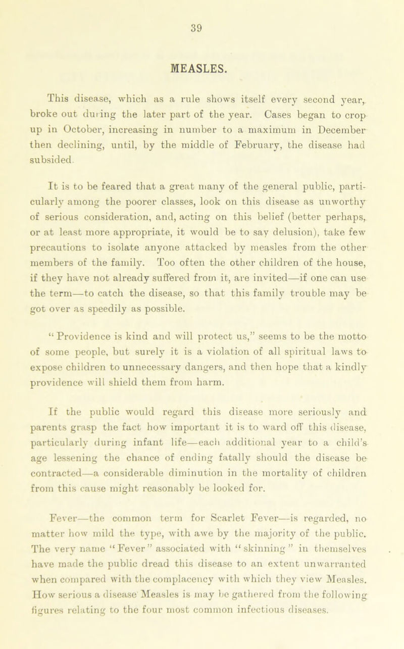 MEASLES. This disease, which as a rule shows itself every second year, broke out during the later part of the year. Cases began to crop up in October, increasing in number to a maximum in December then declining, until, by the middle of February, the disease had subsided. It is to be feared that a great many of the general public, parti- cularly among the poorer classes, look on this disease as unworthy of serious consideration, and, acting on this belief (better perhaps, or at least more appropriate, it would be to say delusion), take few precautions to isolate anyone attacked by measles from the other members of the family. Too often the other children of the house, if they have not already suffered from it, are invited—if one can use the term—to catch the disease, so that this family trouble may be got over as speedily as possible. “Providence is kind and will protect us,” seems to be the motto of some people, but surely it is a violation of all spiritual laws to expose children to unnecessary dangers, and then hope that a kindly providence will shield them from harm. If the public would regard this disease more seriously and parents grasp the fact how important it is to ward off this disease, particularly during infant life—each additional year to a child’s age lessening the chance of ending fatally should the disease be contracted—a considerable diminution in the mortality of children from this cause might reasonably be looked for. Fever—the common term for Scarlet Fever—is regarded, no matter how mild the type, with awe by the majority of the public. The very name “Fever” associated with “skinning” in themselves have made the public dread this disease to an extent unwarranted when compared with the complacency with which they view Measles. How serious a disease Measles is may be gathered from the following figures relating to the four most common infectious diseases. o o