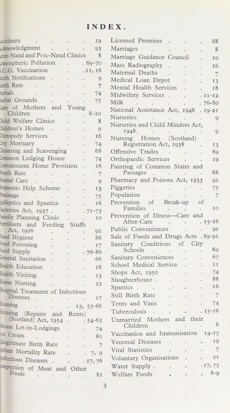 INDEX icddents .... 19 Licensed Premises . 88 Lcknowledgment 93 Marriages 8 jite-Natal and Pcst-Natal Clinics 8 Marriage Guidance Council 10 ionospheric Pollution 69-70 Mass Radiography . 16 .C.G. Vaccination II, 16 Maternal Deaths 7 irth Notifications . 9 Medical Loan Depot 13 irth Rate .... 7 Mental Health Services 18 urials ..... 74 Midwifery Services . 11-12 urial Grounds 75 Milk .... 76-80 are of Mothers and Young Children 8-10 National Assistance Act, 1948 19-21 hild Welfare Clinics 8 Nurseries 9 hildren’s Homes hiropody Services 9 16 Nurseries and Child Minders Act, 1948 Nursing Homes (Scotland) 9 ity Mortuary 74 Registration Act, 1938 13 leansing and Scavenging 68 Offensive Trades 69 -ommon Lodging House 74 Orthopaedic Services 19 onvalescent Home Provision . 16 Painting of Common Stairs and )eath Rate .... 7 Passages . 68 )ental Care .... 9 Pharmacy and Poisons Act, 1933 92 )omestic Help Scheme 13 Piggeries 75 )rainage .... 75 Population 7 Stuffs epileptics and Spastics ;actories Act, 1937 . ' amily Planning Clinic ’ertilisers and Feeding Act, 1926 'ood Hygiene •ood Poisoning ■ood Supply ieneral Sanitation . lealth Education lealth Visiting lome Nursing lospital Treatment of Infectious Diseases lousing lousing (Repairs and (Scotland) Act, 1954 . • 54-63 fouse Let-in-Lodgings 74 ce Cream 80 legitimate Birth Rate 7 nfant Mortality Rate • 7,9 tfectious Diseases . • I7> 76 nspection of Meat and Other Foods 81 16 71-73 10 92 86 17 76-86 66 18 13 12 17 53-66 Prevention of Break-up of Families . . . . 10 Prevention of Illness—Care and After-Care . . . 15-16 Public Conveniences . . 92 Sale of Foods and Drugs Acts . 89-91 Sanitary Conditions of City Schools .... 69 Sanitary Conveniences . . 67 School Medical Service . . n Shops Act, 1950 ... 74 Slaughterhouse .... 88 Spastics . . . . .16 Still Birth Rate Tents and Vans ... 74 Tuberculosis . . . .15-16 Unmarried Mothers and their Children ... 8 Vaccination and Immunisation I4I5 Venereal Diseases ... 19 Vital Statistics ... 7 Voluntary Organisations . . 21 Water Supply . . . -i7>75 Welfare Foods . . • 8-9