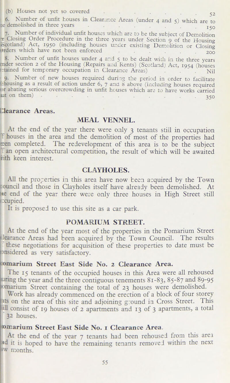 (b) Houses not yet so covered .... 6. Number of unfit houses in Clearance Areas (under 4 and 5) which are to ■e demolished in three years ...... t <.Q 7. Number of individual unfit houses which are to be the subject of Demolition t Closing Order Procedure in the three years under Section 9 of the Housing ■Scotland) Act, 1950 (including houses under existing Demolition or Closing orders which have not been enforced .... 200 8. Number of unfit houses under 4 ar.d 5 to be dealt with in the three years cnder section 2 of the Housing (Repairs and Rents) (Scotland; Act, 1954 (houses stained for temporary occupation in Clearance Areas) Nil 9. Number of new houses required during the period in order to facilitate ^housing as a result of action under 6, 7 and t> above (including houses required Or abating serious overcrowding in unfit houses which are to have works carried ut on them) ........... 350 Clearance Areas. MEAL VENNEL. At the end of the year there were only 3 tenants still in occupation Y houses in the area and the demolition of most of the properties had een completed. The redevelopment of this area is to be the subject an open architectural competition, the result of which will be awaited iith keen interest. CLAYHOLES. All the properties in this area have now been acquired by the Town council and those in Clayholes itself have already been demolished. At «e end of the year there were only three houses in High Street still rcupied. It is proposed to use this site as a car park. POMARIUM STREET. At the end of the year most of the properties in the Pomarium Street learance Areas had been acquired by the Town Council. The results these negotiations for acquisition of these properties to date must be ansidered as very satisfactory. :omarium Street East Side No. 2 Clearance Area. The 15 tenants of the occupied houses in this Area were all rehoused uring the year and the three contiguous tenements 81-83, 85-87 and 89-95 omarium Street containing the total of 23 houses were demolished. Work has already commenced on the erection of a block of four storey its on the area of this site and adjoining ground in Cross Street. This tin consist of 19 houses of 2 apartments and 13 of 3 apartments, a total 32 houses. somarium Street East Side No. 1 Clearance Area. At the end of the year 7 tenants had been rehoused from this area «d it is hoped to have the remaining tenants removed within the next *w months.