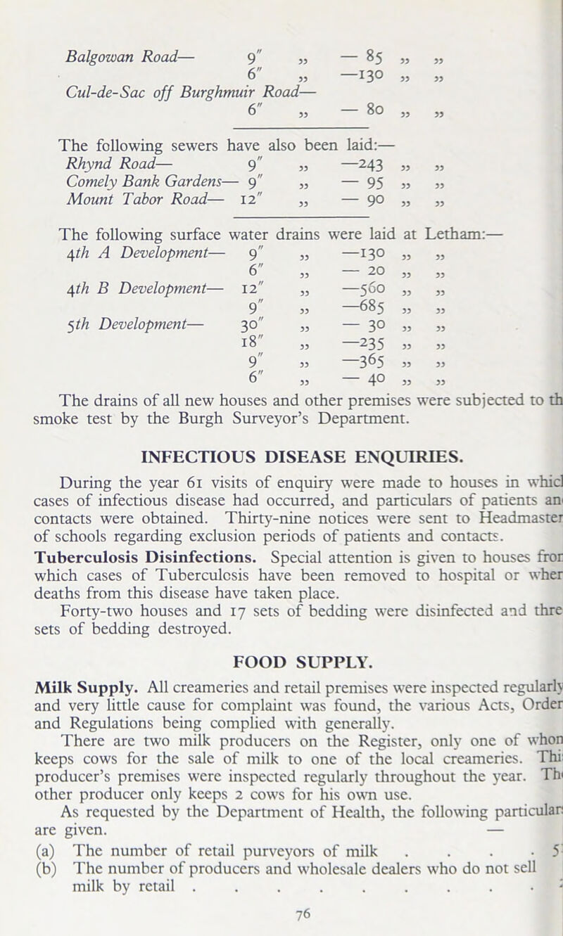 Balgowan Road— 9 33 - 85 33 33 6 35 —130 33 33 Cul-de-Sac off Burghmuir Road— 6 33 — 80 33 33 The following sewers have also been laid:— Rhynd Road— 9 33 —243 33 33 Comely Bank Gardens- - 9 33 — 95 33 33 Mount Tabor Road— 12 33 — 90 33 33 The following surface water drains were laid at Letham: 4th A Development— 9 33 —130 33 33 6 33 — 20 33 33 Afth B Development— 12 33 —560 33 33 9 33 —685 33 33 5 th Development— 30 33 — 30 33 33 18 33 —235 33 33 9 33 —365 33 33 6 33 — 40 33 33 The drains of all new houses and other premises were subjected to th smoke test by the Burgh Surveyor’s Department. INFECTIOUS DISEASE ENQUIRIES. During the year 61 visits of enquiry were made to houses in whicl cases of infectious disease had occurred, and particulars of patients an contacts were obtained. Thirty-nine notices were sent to Headmaster of schools regarding exclusion periods of patients and contacts. Tuberculosis Disinfections. Special attention is given to houses fror which cases of Tuberculosis have been removed to hospital or wher deaths from this disease have taken place. Forty-two houses and 17 sets of bedding were disinfected and thre sets of bedding destroyed. FOOD SUPPLY. Milk Supply. All creameries and retail premises were inspected regularly and very little cause for complaint was found, the various Acts, Order and Regulations being complied with generally. There are two milk producers on the Register, only one of whon keeps cows for the sale of milk to one of the local creameries. Thi: producer’s premises were inspected regularly throughout the yrear. Th< other producer only keeps 2 cows for his own use. As requested by the Department of Health, the following particular: are given. — (a) The number of retail purveyors of milk . . . • 5: (b) The number of producers and wholesale dealers who do not sell milk by retail .........