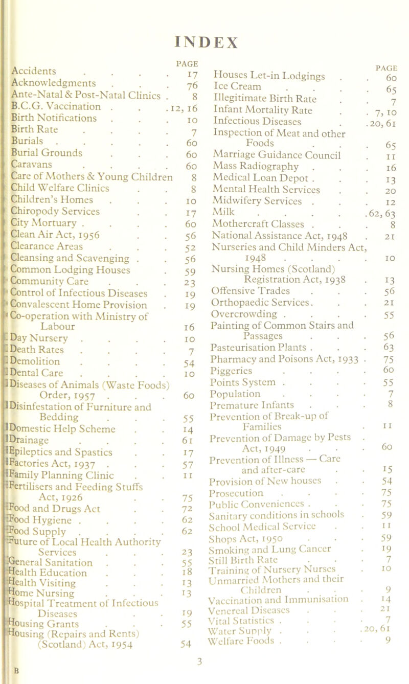 INDEX Accidents Acknowledgments Ante-Natal & Post-Natal Clinics B.C.G. Vaccination Birth Notifications Birth Rate Burials Burial Grounds Caravans Care of Mothers & Young Children Child Welfare Clinics Children’s Homes Chiropody Services City Mortuary . Clean Air Act, 1956 Clearance Areas Cleansing and Scavenging . j Common Lodging Houses Community Care Control of Infectious Diseases 4 Convalescent Home Provision < Co-operation with Ministry of Labour Day Nursery . I Death Rates 1 Demolition 1 Dental Care I Diseases of Animals (Waste Foods) Order, 1957 . 1 Disinfestation of Furniture and Bedding IDomestic Help Scheme IDrainage iEpi eptics and Spastics IPactories Act, 1937 IFamily Planning Clinic {Fertilisers and Feeding Stuffs Act, 1926 pood and Drugs Act {Food Hygiene . Rood Supply {Future of Local Health Authority li Services {General Sanitation Wealth Education ealth Visiting ome Nursing ospital Treatment of Infectious j. Diseases Housing Grants Housing (Repairs and Rents) (Scotland) Act, 1954 B PAGE Houses Let-in Lodgings PAGE 17 60 76 Ice Cream 65 8 Illegitimate Birth Rate j 7 12, 16 Infant Mortality Rate 7,10 10 Infectious Diseases 20,61 7 Inspection of Meat and other 60 Foods 65 60 Marriage Guidance Council 11 60 Mass Radiography 16 8 Medical Loan Depot . 13 8 Mental Health Services 20 10 Midwifery Services . 12 17 Milk .... 62,63 60 Mothercraft Classes . 8 56 National Assistance Act, 1948 21 52 Nurseries and Child Minders Ac 56 1948 10 59 Nursing Homes (Scotland) 23 Registration Act, 1938 13 19 Offensive Trades 56 19 Orthopaedic Services. 21 Overcrowding . 55 16 Painting of Common Stairs and 10 Passages 56 7 Pasteurisation Plants . 63 54 Pharmacy and Poisons Act, 1933 75 10 Piggeries 60 Points System . 55 60 Population 7 Premature Infants 8 55 Prevention of Break-up of 14 Families 11 61 Prevention of Damage by Pests 60 17 57 11 Act, 1949 Prevention of Illness — Care and after-care 15 Provision of New houses 54 75 72 62 62 23 55 18 13 13 19 55 54 Prosecution . . • -75 Public Conveniences ... 75 Sanitary conditions in schools . 59 School Medical Service . . 11 Shops Act, 1950 ... 59 Smoking and Lung Cancer . 19 Still Birth Rate Training of Nursery Nurses . 10 Unmarried Mothers and their Children ... 9 Vaccination and Immunisation 14 Venereal Diseases . • .21 Vital Statistics 7 Water Supply . • • .20,61 Welfare Foods 9