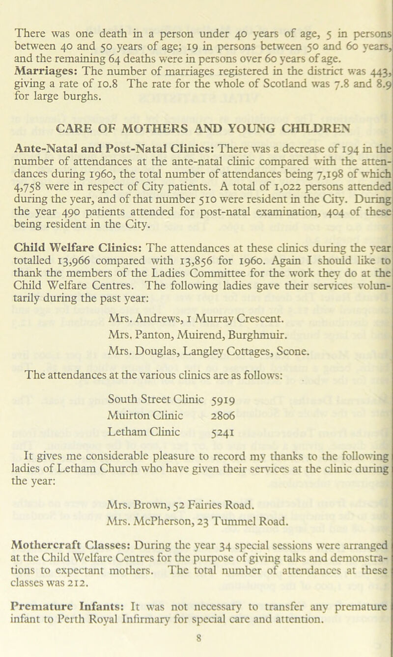 There was one death in a person under 40 years of age, 5 in persons between 40 and 50 years of age; 19 in persons between 50 and 60 years, and the remaining 64 deaths were in persons over 60 years of age. Marriages: The number of marriages registered in the district was 443, giving a rate of 10.8 The rate for the whole of Scotland was 7.8 and 8.9 for large burghs. CARE OF MOTHERS AND YOUNG CHILDREN Ante-Natal and Post-Natal Clinics: There was a decrease of 194 in the number of attendances at the ante-natal clinic compared with the atten- dances during i960, the total number of attendances being 7,198 of which 4,758 were in respect of City patients. A total of 1,022 persons attended during the year, and of that number 510 were resident in the City. Dining the year 490 patients attended for post-natal examination, 404 of these being resident in the City. Child Welfare Clinics: The attendances at these clinics during the year totalled 13,966 compared with 13,856 for i960. Again I should like to thank the members of the Ladies Committee for the work they do at the Child Welfare Centres. The following ladies gave their sendees volun- tarily during the past year: Mrs. Andrews, 1 Murray Crescent. Mrs. Panton, Muirend, Burghmuir. Mrs. Douglas, Langley Cottages, Scone. The attendances at the various clinics are as follows: South Street Clinic 5919 Muirton Clinic 2806 Letham Clinic 5241 It gives me considerable pleasure to record my thanks to the following ladies of Letham Church who have given their sendees at the clinic during the year: Mrs. Brown, 52 Fairies Road. Mrs. McPherson, 23 Tummel Road. Motliercraft Classes: During the year 34 special sessions were arranged at the Child Welfare Centres for the purpose of giving talks and demonstra- tions to expectant mothers. The total number of attendances at these classes was 212. Premature Infants: It was not necessary to transfer any premature infant to Perth Royal Infirmary for special care and attention.