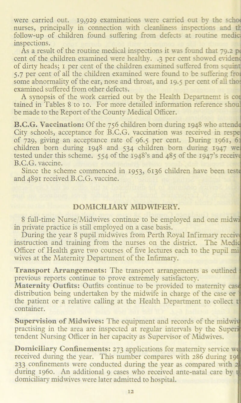 were carried out. 19,929 examinations were carried out by the scho< nurses, principally in connection with cleanliness inspections and tf follow-up of children found suffering from defects at routine medic inspections. As a result of the routine medical inspections it was found that 79.2 p< cent of the children examined were healthy. .3 per cent showed evident of dirty heads; 1 per cent of the children examined suffered from squint 5.7 per cent of all the children examined were found to be suffering froi some abnormality of the ear, nose and throat, and 19.5 per cent of all tho: examined suffered from other defects. A synopsis of the work carried out by the Health Departnemt is coi tained in Tables 8 to 10. For more detailed information reference shou be made to the Report of the County Medical Officer. B.C.G. Vaccination: Of the 756 children bom during 1948 who attends City schools, acceptance for B.C.G. vaccination was received in respe of 729, giving an acceptance rate of 96.5 per cent. During 1961, 6: children born during 1948 and 534 children bom during 1947 we tested under this scheme. 554 of the 1948’s and 485 of the 1947’s receivt B.C.G. vaccine. Since the scheme commenced in 1953, 6136 children have been tests and 4891 received B.C.G. vaccine. DOMICILIARY MIDWIFERY. 8 full-time Nurse/Midwives continue to be employed and one midwi in private practice is still employed on a case basis. During the year 8 pupil midwives from Perth Royal Infirmary receiv instruction and training from the nurses on the district. The Medic Officer of Health gave two courses of five lectures each to the pupil mi wives at the Maternity Department of the Infirmary-. Transport Arrangements: The transport arrangements as outlined previous reports continue to prove extremely satisfactory. Maternity Outfits: Outfits continue to be provided to maternity cas< distribution being undertaken by the midwife in charge of the case or the patient or a relative calling at the Health Department to collect t container. Supervision of Midwives: The equipment and records of the midwi\ practising in the area are inspected at regular internals by the Super tendent Nursing Officer in her capacity as Supervisor of Midwives. Domiciliary Confinements: 273 applications for maternity- service \\< received during the year. This number compares with 286 during 19! 233 confinements w-cre conducted during the year as compared with 2 during i960. An additional 9 cases v'ho received ante-natal care by 1 domiciliary midwives were later admitted to hospital.