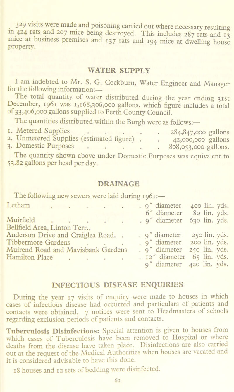 329 visits were made and poisoning carried out where necessary resulting m 424 rats and 207 mice being destroyed. This includes 287 rats and 13 mice at business premises and 137 rats and 194 mice at dwelling house property7. WATER SUPPLY I am indebted to Mr. S. G. Cockburn, Water Engineer and Manager for the following information:— The total quantity7 of water distributed during the year ending 31st December, 1961 was 1,168,306,000 gallons, which figure includes a total of 33,406,000 gallons supplied to Perth County Council. The quantities distributed within the Burgh were as follows:— 1. Metered Supplies 284,847,000 gallons 2. Unmetered Supplies (estimated figure) . . 42,000,000 gallons 3. Domestic Purposes 808,053,000 gallons. The quantity shown above under Domestic Purposes was equivalent to 53.82 gallons per head per day. DRAINAGE The following new sewers were laid during 1961:— Letham ..... Muirfield ..... Bellfield Area, Linton Terr., Anderson Drive and Craiglea Road. . Tibbermore Gardens Muirend Road and Mavisbank Gardens Hamilton Place .... . 9 diameter 6 diameter . 9 diameter . 9 diameter . 9 diameter . 9 diameter . 12 diameter 9 diameter 400 lin. yds. 80 lin. yds. 630 lin. yds. 250 lin. yds. 200 lin. yds. 250 lin. yds. 65 lin. yds. 420 lin. yds. INFECTIOUS DISEASE ENQUIRIES During the year 17 visits of enquiry were made to houses in w'hich cases of infectious disease had occurred and particulars of patients and contacts were obtained. 7 notices were sent to Headmasters of schools regarding exclusion periods of patients and contacts. Tuberculosis Disinfections: Special attention is given to houses from which cases of Tuberculosis have been removed to Hospital or where deaths from the disease have taken place. Disinfections are also carried out at the request of the Medical Authorities when houses are vacated and it is considered advisable to have this done. 18 houses and 12 sets of bedding were disinfected.