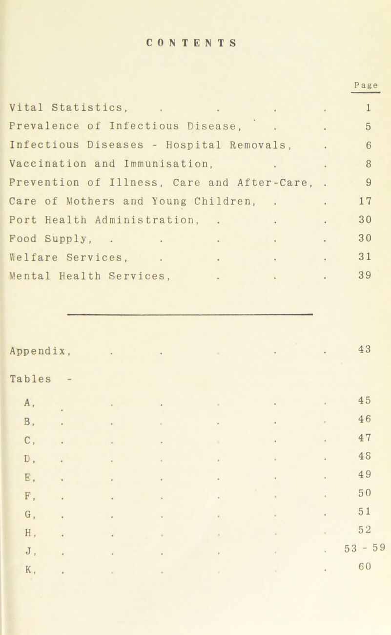 CONTENTS Page Vital Statistics, . . 1 Prevalence of Infectious Disease, . . 5 Infectious Diseases - Hospital Removals, . 6 Vaccination and Immunisation, . . 8 Prevention of Illness, Care and After-Care, . 9 Care of Mothers and Young Children, . . 17 Port Health Administration, . . .30 Food Supply, . . 30 Welfare Services, . . . . 31 Mental Health Services, . 39 Appendix, . 43 Tables A, . . 45 B, . 46 C, 47 D, . 48 E, . 49 F, . . . .50 G, . 51 H, . 52 J, . . . . .53-59 K, 60