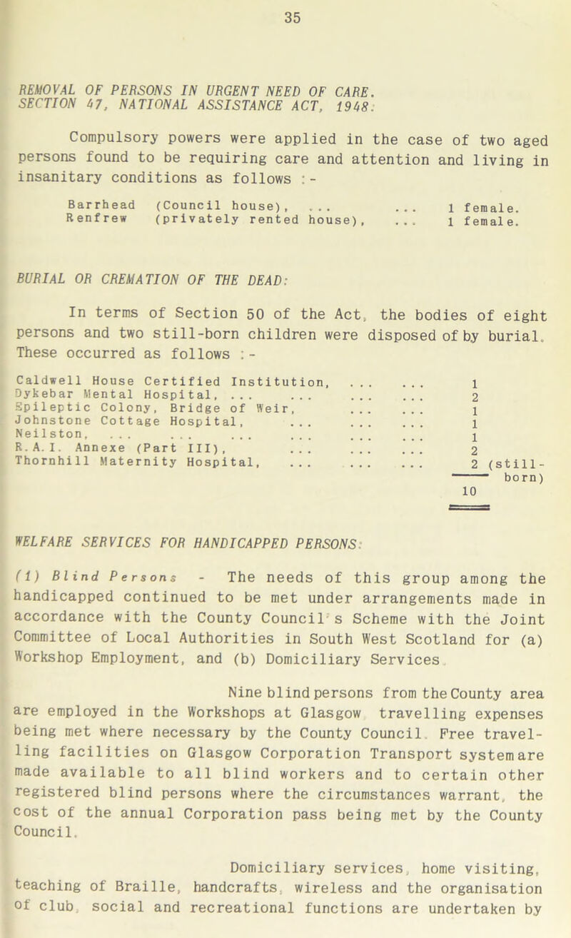 REMOVAL OF PERSONS IN URGENT NEED OF CARE. SECTION 47, NATIONAL ASSISTANCE ACT, 1948: Compulsory powers were applied in the case of two aged persons found to be requiring care and attention and living in insanitary conditions as follows : - Barrhead (Council house), ... ... i female. Renfrew (privately rented house), ... i female. BURIAL OR CREMATION OF THE DEAD: In terms of Section 50 of the Act, the bodies of eight persons and two still-born children were disposed of by burial. These occurred as follows : - Caldwell House Certified Institution, ... ... 1 Dykebar Mental Hospital, ... ... 2 Spileptic Colony, Bridge of Weir, 1 Johnstone Cottage Hospital, ... ... ... 1 Neilston, ... ... ... ... R.A.l. Annexe (Part III), ... ... ... 2 Thornhill Maternity Hospital, ... ... ... 2 (still- born) 10 WELFARE SERVICES FOR HANDICAPPED PERSONS: (1) Blind Persons - The needs of this group among the handicapped continued to be met under arrangements made in accordance with the County Council s Scheme with the Joint Committee of Local Authorities in South West Scotland for (a) Workshop Employment, and (b) Domiciliary Services Nine blind persons from the County area are employed in the Workshops at Glasgow travelling expenses being met where necessary by the County Council Free travel- ling facilities on Glasgow Corporation Transport system are made available to all blind workers and to certain other registered blind persons where the circumstances warrant, the cost of the annual Corporation pass being met by the County Council. Domiciliary services, home visiting, teaching of Braille, handcrafts wireless and the organisation of club social and recreational functions are undertaken by
