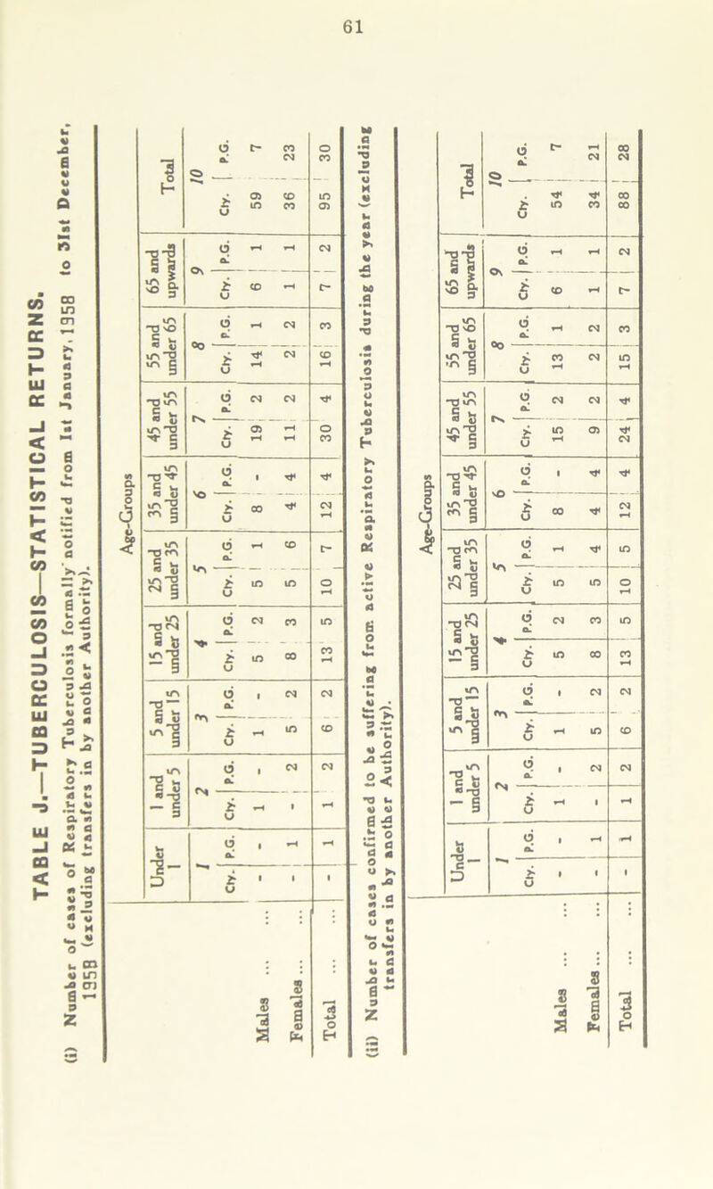 TABLE J.—TUBERCULOSIS—STATISTICAL RETURNS. (i) Number of cases of Respiratory Tuberculosis formally'notified from 1st January, 1958 *° December, 195B transfers in by another Authority).
