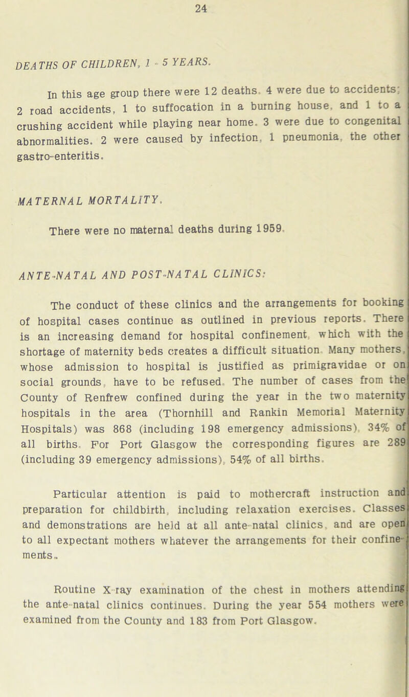 DEATHS OF CHILDREN, 1 - 5 YEARS. In this age group there were 12 deaths. 4 were due to accidents. 2 road accidents, 1 to suffocation in a burning house, and 1 to a crushing accident while playing near home. 3 were due to congenital abnormalities. 2 were caused by infection, 1 pneumonia, the other gastro-enteritis. MATERNAL MORTALITY. There were no maternal deaths during 1959. ANTE-NATAL AND POST-NATAL CLINICS: The conduct of these clinics and the arrangements for booking of hospital cases continue as outlined in previous reports. There is an increasing demand for hospital confinement which with the shortage of maternity beds creates a difficult situation Many mothers, whose admission to hospital is justified as primigravidae or on social grounds have to be refused The number of cases from the County of Renfrew confined during the year in the two maternity hospitals in the area (Thornhill and Rankin Memorial Maternity Hospitals) was 868 (including 198 emergency admissions) 34% of all births. For Port Glasgow the corresponding figures are 289 (including 39 emergency admissions), 54% of all births. Particular attention is paid to mothercraft instruction and preparation for childbirth including relaxation exercises. Classes and demonstrations are hejd at all ante-natal clinics, and are open to all expectant mothers whatever the arrangements for their confine- ments,. Routine X ray examination of the chest in mothers attending the ante natal clinics continues. During the year 554 mothers were examined from the County and 183 from Port Glasgow.