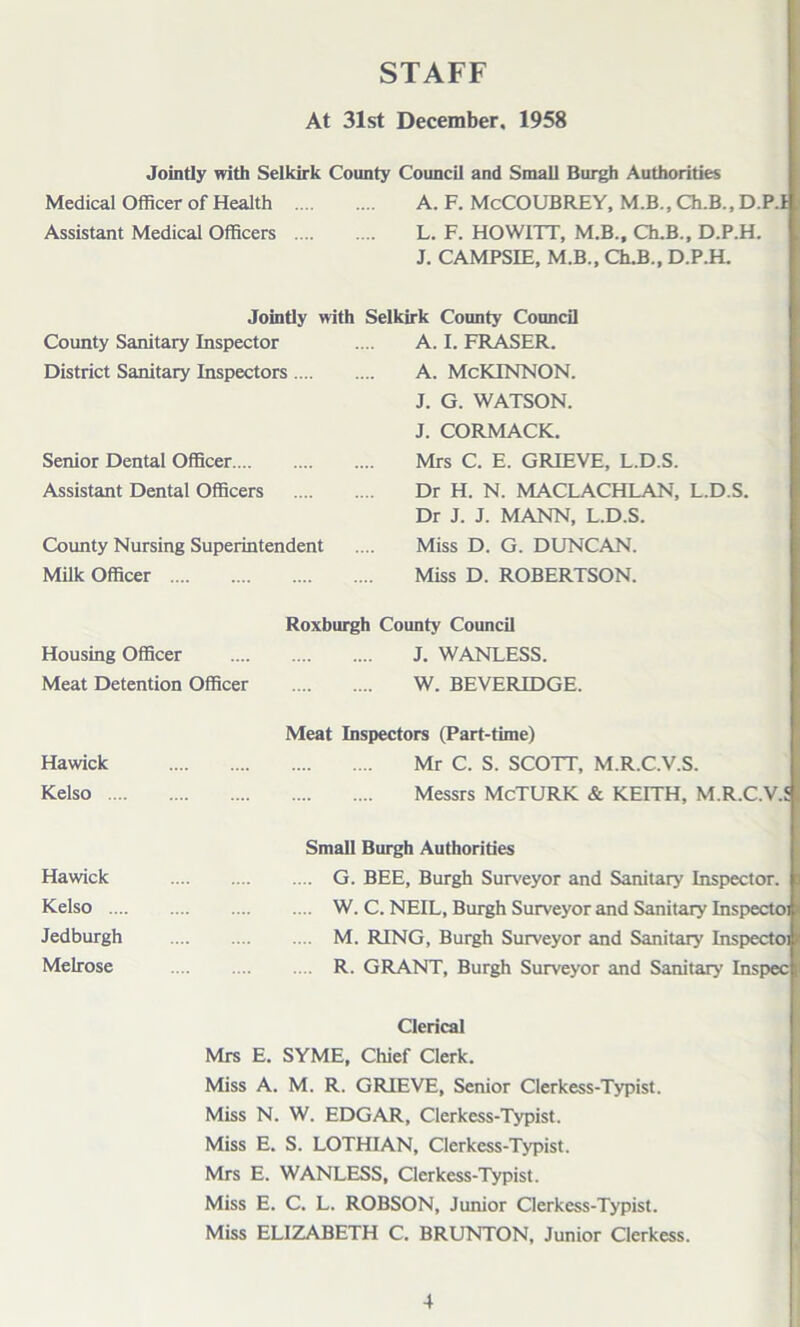 STAFF At 31st December, 1958 Jointly with Selkirk County Council and Small Burgh Authorities Medical Officer of Health A. F. McCOUBREY, M.B., Ch.B., D.P.I Assistant Medical Officers L. F. HOWITT, M.B., Ch.B., D.P.H. J. CAMPSIE, M.B., Ch.B., D.P.H. Jointly with Selkirk County Council County Sanitary Inspector District Sanitary Inspectors .... Senior Dental Officer Assistant Dental Officers County Nursing Superintendent Milk Officer A. I. FRASER. a. mckinnon. J. G. WATSON. J. CORMACK. Mrs C. E. GRIEVE, L.D.S. Dr H. N. MACLACHLAN, L.D.S. Dr J. J. MANN, L.D.S. Miss D. G. DUNCAN. Miss D. ROBERTSON. Roxburgh County Council Housing Officer J. WANLESS. Meat Detention Officer W. BEVERIDGE. Hawick Kelso Meat Inspectors (Part-time) Mr C. S. SCOTT, M.R.C.V.S. Messrs McTURK & KEITH, M.R.C.V.S Hawick Kelso ... Jedburgh Melrose Small Burgh Authorities .... G. BEE, Burgh Surveyor and Sanitary Inspector. .... W. C. NEIL, Burgh Surveyor and Sanitary Inspecto .... M. RING, Burgh Surveyor and Sanitary Inspecto .... R. GRANT, Burgh Surveyor and Sanitary Inspec Clerical Mrs E. SYME, Chief Clerk. Miss A. M. R. GRIEVE, Senior Clerkess-Typist. Miss N. W. EDGAR, Clerkess-Typist. Miss E. S. LOTHIAN, Clerkess-Typist. Mrs E. WANLESS, Clerkess-Typist. Miss E. C. L. ROBSON, Junior Clerkess-Typist. Miss ELIZABETH C. BRUNTON, Junior Clerkess.