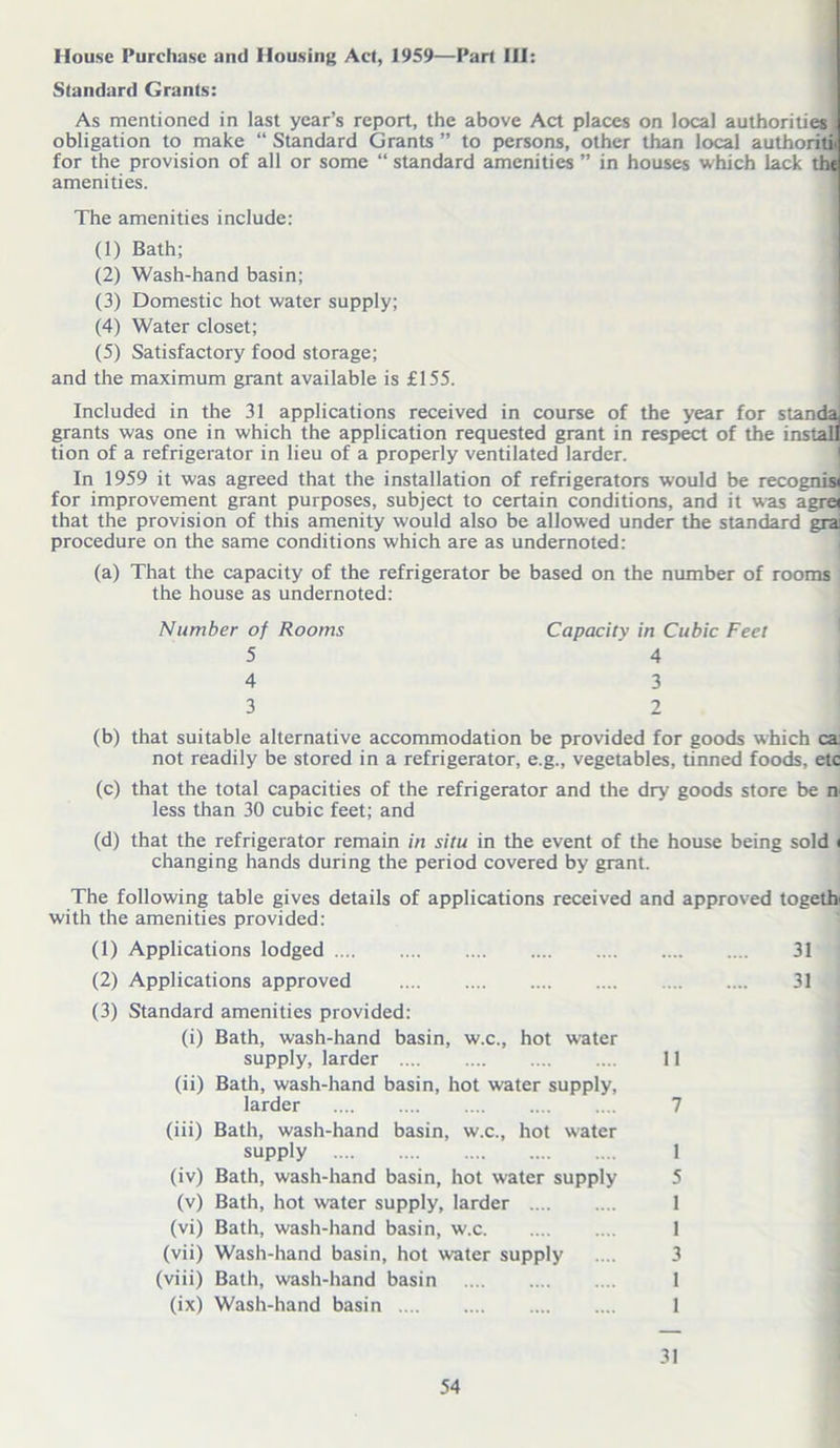 House Purchase and Housing Act, 1959—Part III: Standard Grants: As mentioned in last year’s report, the above Act places on local authorities I obligation to make “ Standard Grants ” to persons, other than local authoritl for the provision of all or some “ standard amenities ” in houses which lack the amenities. The amenities include: (1) Bath; (2) Wash-hand basin; (3) Domestic hot water supply; (4) Water closet; (5) Satisfactory food storage; and the maximum grant available is £155. Included in the 31 applications received in course of the year for standa, grants was one in which the application requested grant in respect of the install tion of a refrigerator in lieu of a properly ventilated larder. In 1959 it was agreed that the installation of refrigerators would be recognia for improvement grant purposes, subject to certain conditions, and it was agre* that the provision of this amenity would also be allowed under the standard gra procedure on the same conditions which are as undernoted: (a) That the capacity of the refrigerator be based on the number of rooms the house as undernoted: Number of Rooms Capacity in Cubic Feet 5 ' 4 4 3 3 2 (b) that suitable alternative accommodation be provided for goods which ca not readily be stored in a refrigerator, e.g., vegetables, tinned foods, etc (c) that the total capacities of the refrigerator and the dry goods store be n less than 30 cubic feet; and (d) that the refrigerator remain in situ in the event of the house being sold < changing hands during the period covered by grant. The following table gives details of applications received and approved togetb with the amenities provided: (1) Applications lodged (2) Applications approved (3) Standard amenities provided: (i) Bath, wash-hand basin, w.c., hot water supply, larder 11 (ii) Bath, wash-hand basin, hot water supply, larder 7 (iii) Bath, wash-hand basin, w.c., hot water supply 1 (iv) Bath, wash-hand basin, hot water supply 5 (v) Bath, hot water supply, larder 1 (vi) Bath, wash-hand basin, w.c 1 (vii) Wash-hand basin, hot water supply .... 3 (viii) Bath, wash-hand basin 1 (ix) Wash-hand basin 1 31 31 31