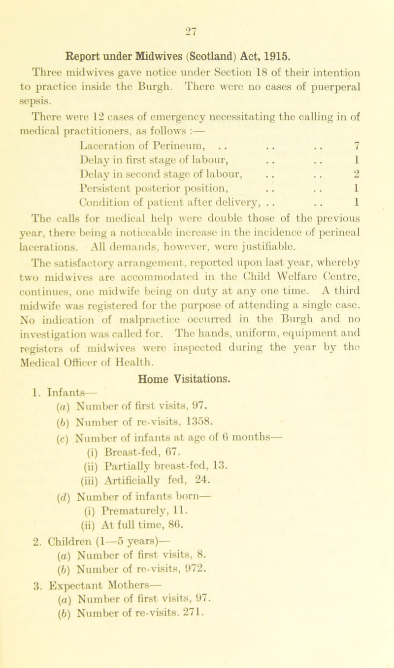 Report under Midwives (Scotland) Act, 1915. Three midwives gave notice under Section 18 of their intention to practice inside the Burgh. There were no cases of puerperal sepsis. There were 12 cases of emergency necessitating the calling in of medical practitioners, as follows :— Laceration of Perineum, .. .. .. 7 Delay in first stage of labour, . . . . 1 Delay in second stage of labour, .. .. 2 Persistent posterior position, .. .. 1 Condition of patient after delivery, .. .. 1 The calls for medical help were double those of the previous year, there being a noticeable increase in the incidence of perineal lacerations. All demands, however, were justifiable. The satisfactory arrangement, reported upon last year, whereby two midwives are accommodated in the Child Welfare Centre, continues, one midwife being on duty at any one time. A third midwife was registered for the purpose of attending a single case. No indication of malpractice occurred in the Burgh and no investigation was called for. The hands, uniform, equipment and registers of midwives were inspected during the year by the Medical Officer of Health. Home Visitations. 1. Infants— (a) Number of first visits, 97. (b) Number of re-visits, 1358. (c) Number of infants at age of 6 months— (i) Breast-fed, 67. (ii) Partially breast-fed, 13. (iii) Artificially fed, 24. (d) Number of infants born— (i) Prematurely, 11. (ii) At full time, 86. 2. Children (1—5 years)— (a) Number of first visits, 8. (b) Number of re-visits, 972. 3. Expectant Mothers— (а) Number of first visits, 97. (б) Number of re-visits. 271.