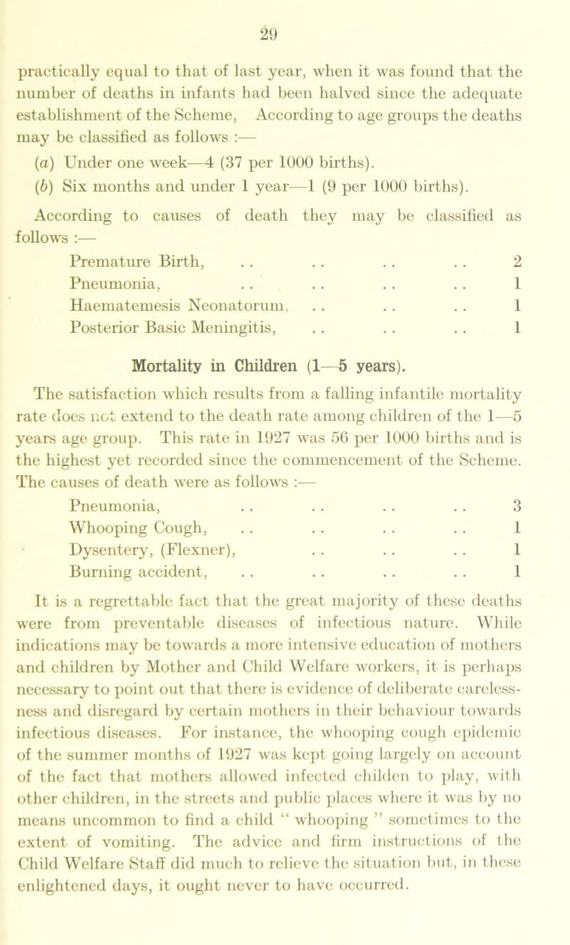 practically equal to that of last year, when it was found that the number of deaths in infants had been halved since the adequate establishment of the Scheme, According to age groups the deaths may be classified as follows (а) Under one week—4 (37 per 1000 births). (б) Six months and under 1 year—1 (9 per 1000 births). According to causes of death they may be classified as follows :— Premature Birth, .. .. .. .. 2 Pneumonia, .. .. .. .. 1 Haematemesis Neonatorum, .. .. . . 1 Posterior Basic Meningitis, .. . . .. 1 Mortality in Children (1—5 years). The satisfaction which results from a falling infantile mortality rate does not extend to the death rate among children of the 1—5 years age group. This rate in 1927 was 56 per 1000 births and is the highest yet recorded since the commencement of the Scheme. The causes of death were as follows :— Pneumonia, .. .. .. .. 3 Whooping Cough, . . . . .. . . 1 Dysentery, (Flexner), .. .. . . 1 Burning accident, .. .. .. .. 1 It is a regrettable fact that the great majority of these deaths were from preventable diseases of infectious nature. While indications may be towards a more intensive education of mothers and children by Mother and Child Welfare workers, it is perhaps necessary to point out that there is evidence of deliberate careless- ness and disregard by certain mothers in their behaviour towards infectious diseases. For instance, the whooping cough epidemic of the summer months of 1927 was kept going largely on account of the fact that mothers allowed infected childen to play, with other children, in the streets and public places where it was by no means uncommon to find a child “ whooping ” sometimes to the extent of vomiting. The advice and firm instructions of the Child Welfare Staff did much to relieve the situation but, in these enlightened days, it ought never to have occurred.