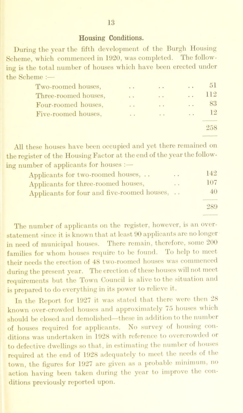 Housing Conditions. During the year the fifth development of the Burgh Housing Scheme, which commenced in 1920, was completed. The follow- ing is the total number of houses the Scheme :— Two-roomed houses, Three-roomed houses, Four-roomed houses, Five-roomed houses, ,’hieh have been erected under 51 112 83 12 258 All these houses have been occupied and yet there remained on the register of the Housing Factor at the end of the year the follow- ing number of applicants for houses :— Applicants for two-roomed houses, .. .. 142 Applicants for three-roomed houses, .. 107 Applicants for four and five-roomed houses, . . 40 289 The number of applicants on the register, however, is an over- statement since it is known that at least 90 applicants are no longer in need of municipal houses. There remain, therefore, some 200 families for whom houses require to be found. To help to meet their needs the erection of 48 two-roomed houses was commenced during the present year. The erection of these houses will not meet requirements but the Town Council is alive to the situation and is prepared to do everything in its power to relieve it. In the Report for 1927 it was stated that there were then 28 known over-crowded houses and approximately 75 houses which should be closed and demolished—these in addition to the number of houses required for applicants. No survey of housing con- ditions was undertaken in 1928 with reference to overcrowded or to defective dwellings so that, in estimating the number of houses required at the end of 1928 adequately to meet the needs of the town, the figures for 1927 art; given as a probable minimum, no action having been taken during the year to improve the con- ditions previously reported upon.