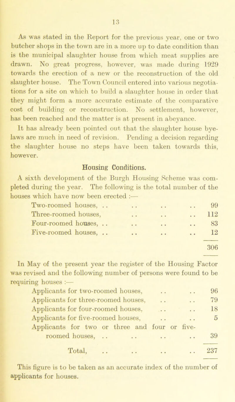 As was stated in the Report for the previous year, one or two butcher shops in the town are in a more up to date condition than is the municipal slaughter house from which meat supplies are drawn. No great progress, however, was made during 1929 towards the erection of a new or the reconstruction of the old slaughter house. The Town Council entered into various negotia- tions for a site on which to build a slaughter house in order that they might form a more accurate estimate of the comparative cost of building or reconstruction. No settlement, however, has been reached and the matter is at present in abeyance. It has already been pointed out that the slaughter house bye- laws are much in need of revision. Pending a decision regarding the slaughter house no steps have been taken towards this, however. Housing Conditions. A sixth development of the Burgh Housing Scheme was com- pleted during the year. The following is the total number of the houses which have now been erected :— Two-roomed houses, .. .. .. .. 99 Three-roomed houses, .. .. .. 112 Four-roomed houses, .. .. .. .. 83 Five-roomed houses, .. .. .. .. 12 306 In May of the present year the register of the Housing Factor was revised and the following number of persons were found to be requiring houses :— Applicants for two-roomed houses, .. .. 96 Applicants for three-roomed houses, .. .. 79 Applicants for four-roomed houses, .. .. 18 Applicants for five-roomed houses, .. .. 5 Applicants for two or three and four or five- roomed houses, .. .. .. .. 39 Total, .. .. .. .. 237 This figure is to be taken as an accurate index of the number of applicants for houses.