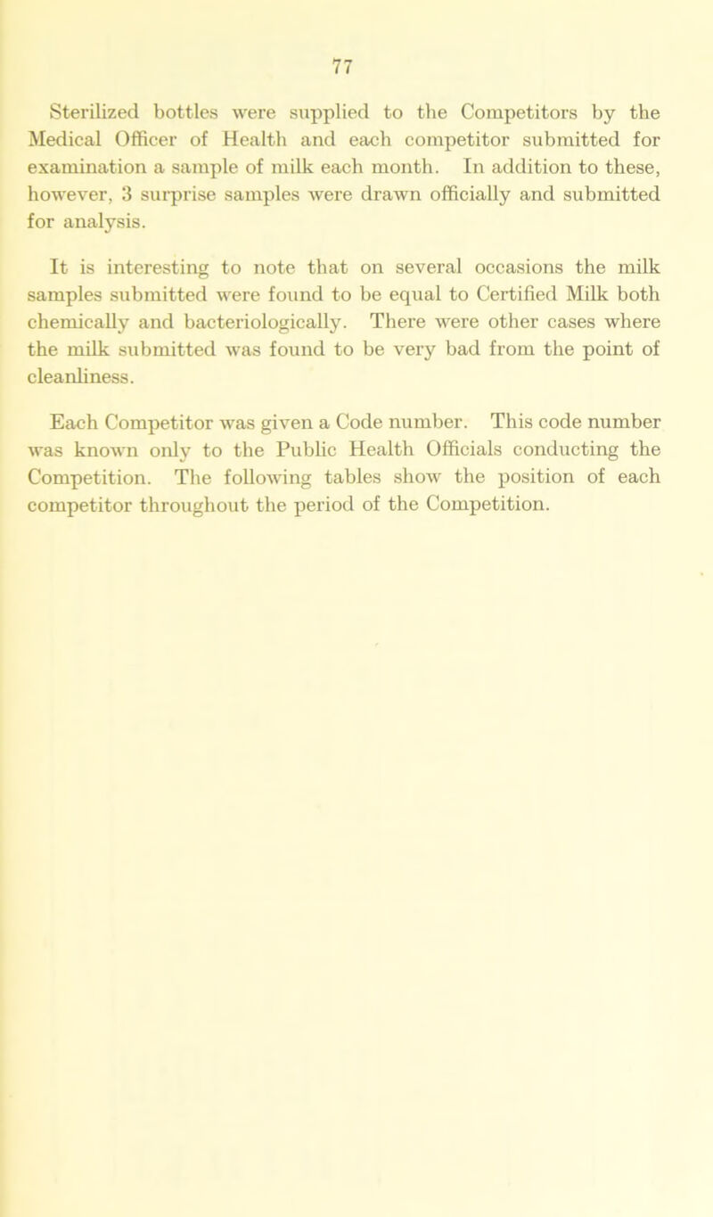 Sterilized bottles were supplied to the Competitors by the Medical Officer of Health and each competitor submitted for examination a sample of milk each month. In addition to these, however, 3 surprise samples were drawn officially and submitted for analysis. It is interesting to note that on several occasions the milk samples submitted were found to be equal to Certified Milk both chemically and bacteriologically. There were other cases where the milk submitted was found to be very bad from the point of cleanliness. Each Competitor was given a Code number. This code number was known only to the Public Health Officials conducting the Competition. The following tables show the position of each competitor throughout the period of the Competition.