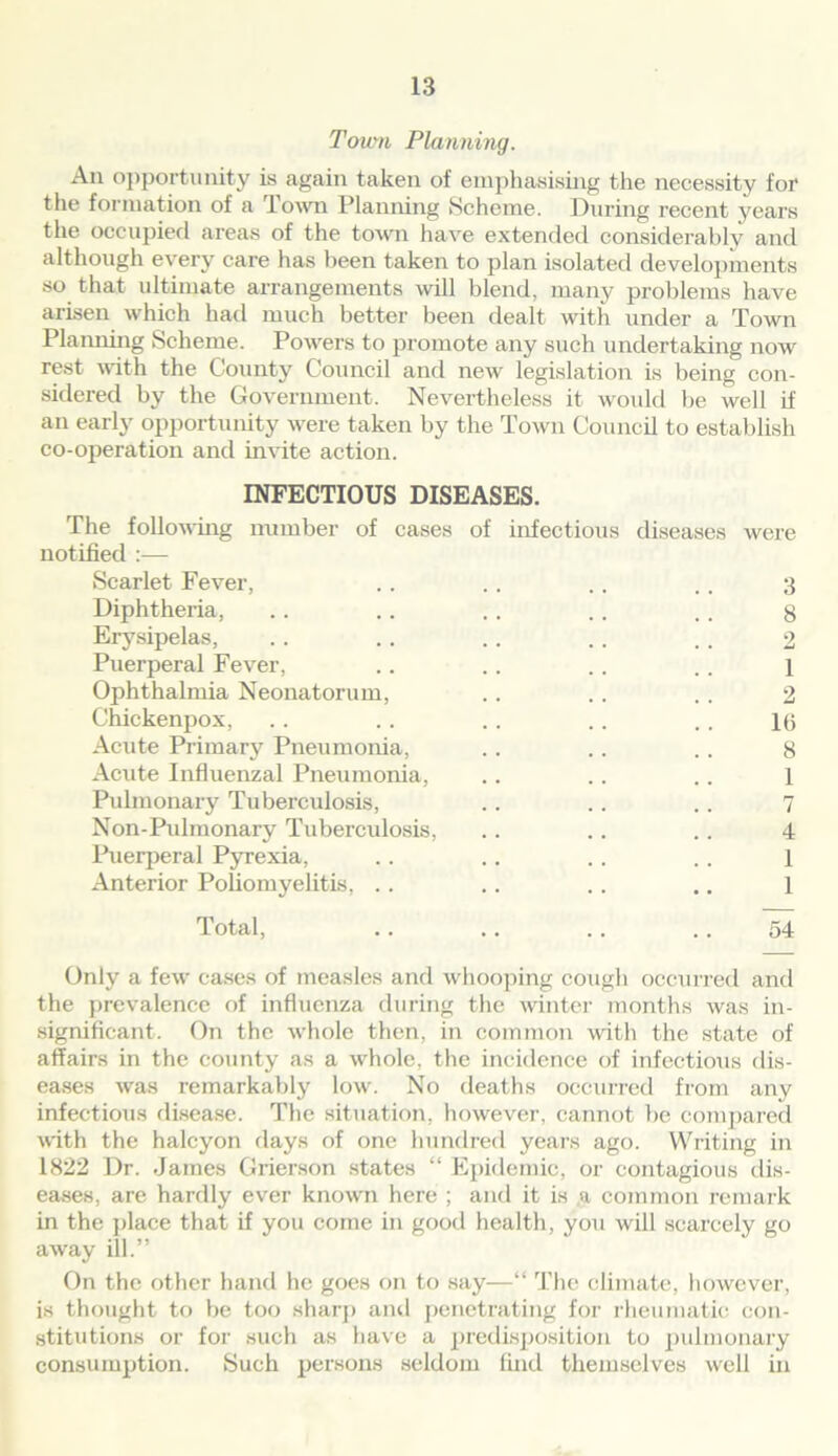 Town Planning. An opportunity is again taken of emphasising the necessity for the formation of a 1 own Planning Scheme. During recent years the occupied areas of the town have extended considerably and although every care has been taken to plan isolated developments so that ultimate arrangements will blend, many problems have arisen which had much better been dealt with under a Town Planning Scheme. Powers to promote any such undertaking now rest with the County Council and new legislation is being con- sidered by the Government. Nevertheless it would be well if an early opportunity were taken by the Town Council to establish co-operation and invite action. INFECTIOUS DISEASES. The following number of cases of infectious diseases were notified :— Scarlet Fever, . . . . .. .. 3 Diphtheria, .. .. .. .. .. 8 Erysipelas, .. .. .. .. .. 2 Puerperal Fever, .. .. .. .. 1 Ophthalmia Neonatorum, . . . . .. 2 Chickenpox, .. . . .. .. .. l(> Acute Primary Pneumonia, .. .. .. 8 Acute Influenzal Pneumonia, .. .. .. 1 Pulmonary Tuberculosis, .. .. .. 7 Non-Pulmonary Tuberculosis, .. .. .. 4 Puerperal Pyrexia, .. .. . . .. 1 Anterior Poliomyelitis, . . .. .. .. 1 Total, .. .. .. .. 54 Only a few cases of measles and whooping cough occurred and the prevalence of influenza during the winter months was in- significant. On the whole then, in common with the state of affairs in the county as a whole, the incidence of infectious dis- eases was remarkably low. No deaths occurred from any infectious disease. The situation, however, cannot be compared with the halcyon days of one hundred years ago. Writing in 1822 Dr. James Grierson states “ Epidemic, or contagious dis- eases, are hardly ever known here ; and it is a common remark in the place that if you come in good health, you will scarcely go away ill.” On the other hand he goes on to say—“ The climate, however, is thought to be too sharp and penetrating for rheumatic con- stitutions or for such as have a predisposition to pulmonary consumption. Such persons seldom find themselves well in