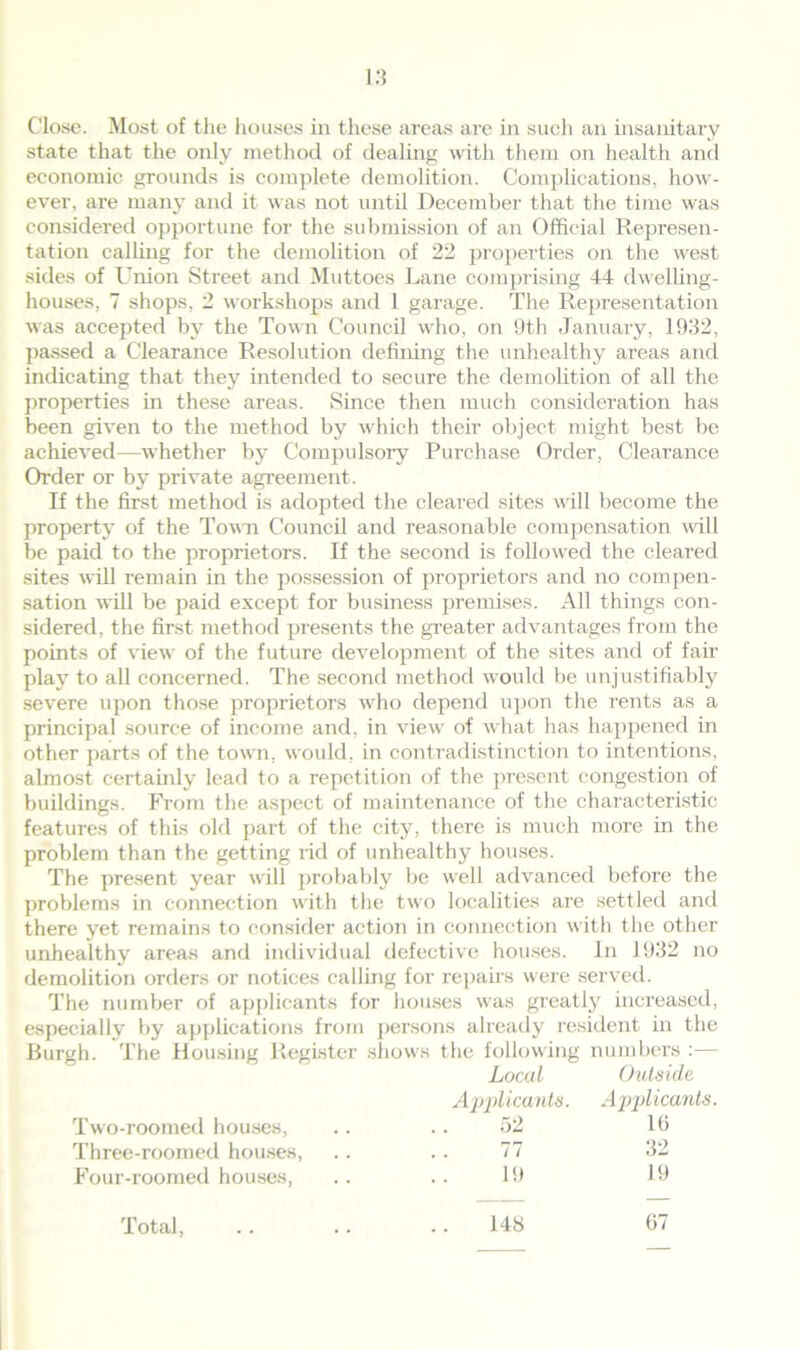 Close. Most of the houses in these areas are in such an insanitary state that the only method of dealing with them on health and economic grounds is complete demolition. Complications, how- ever, are many and it was not until December that the time was considered opportune for the submission of an Official Represen- tation calling for the demolition of 22 properties on the west sides of Union Street and Muttoes Lane comprising 44 dwelling- houses, 7 shops, 2 workshops and 1 garage. The Representation was accepted by the Town Council who, on 9th January, 1932, passed a Clearance Resolution defining the unhealthy areas and indicating that they intended to secure the demolition of all the properties in these areas. Since then much consideration has been given to the method by which their object might best be achieved—whether by Compulsory Purchase Order, Clearance Order or by private agreement. If the first method is adopted the cleared sites wall become the property of the Town Council and reasonable compensation will be paid to the proprietors. If the second is followed the cleared sites will remain in the possession of proprietors and no compen- sation will be paid except for business premises. All things con- sidered, the first method presents the greater advantages from the points of view of the future development of the sites and of fair play to all concerned. The second method would be unjustifiably severe upon those proprietors who depend upon the rents as a principal source of income and, in view of what has happened in other parts of the town, would, in contradistinction to intentions, almost certainly lead to a repetition of the present congestion of buildings. From the aspect of maintenance of the characteristic features of this old part of the city, there is much more in the problem than the getting rid of unhealthy houses. The present year will probably be well advanced before the problems in connection with the two localities are settled and there yet remains to consider action in connection with the other unhealthy areas and individual defective houses. In 1932 no demolition orders or notices calling for repairs were served. The number of applicants for houses was greatly increased, especially by applications from persons already resident in the Burgh. The Housing Register shows the following numbers :— Local Outside Applicants. Applicants. Two-roomed houses, 52 16 Three-roomed houses, .. 77 32 Four-roomed houses, 19 19 Total, 148 67