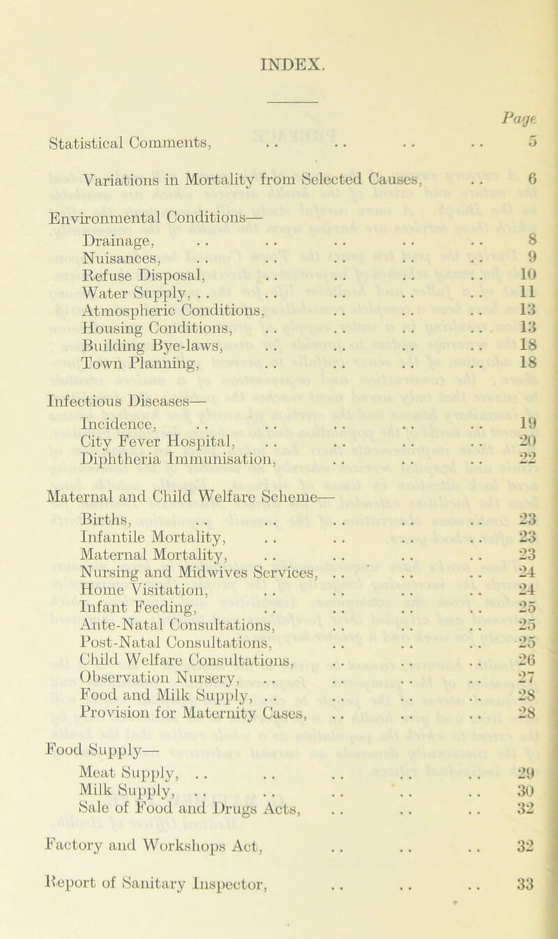 INDEX. Statistical Comments, Variations in Mortality from Selected Causes. Environmental Conditions— Drainage, Nuisances, Refuse Disposal, Water Supply, Atmospheric Conditions, Housing Conditions, Building Bye-laws, Town Planning, Infectious Diseases— Incidence, City Fever Hospital, Diphtheria Immunisation, Maternal and Child Welfare Scheme— Births, Infantile Mortality, Maternal Mortality, Nursing and Mid wives Services, .. Home Visitation, Infant Feeding, Ante-Natal Consultations, Post-Natal Consultations, Child Welfare Consultations, Observation Nursery, Food and Milk Supply, .. Provision for Maternity Cases, Food Supply— Meat Supply, Milk Supply, Sale of Food and Drugs Acts, Factory and Workshops Act, Report of Sanitary Inspector,