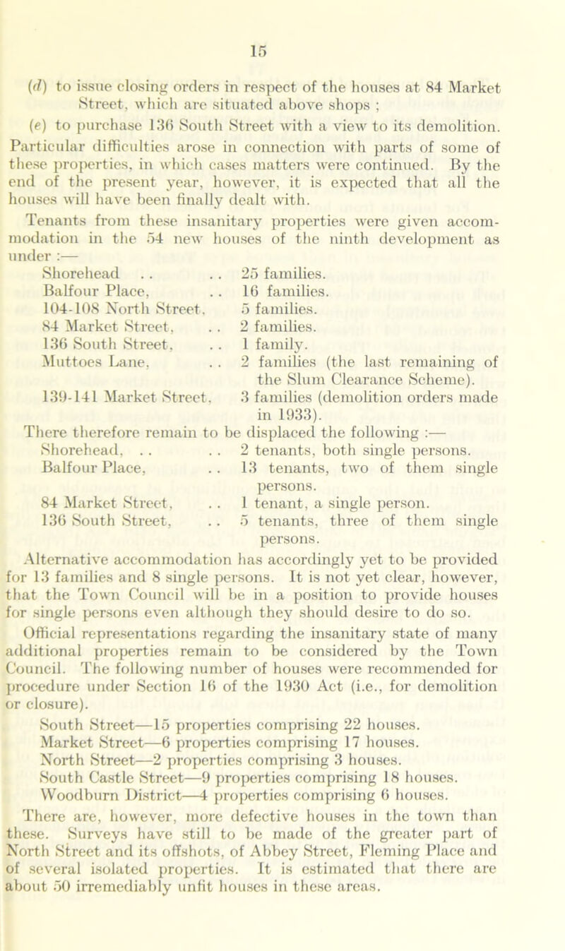 (d) to issue closing orders in respect of the houses at 84 Market Street, which are situated above shops ; (e) to purchase 135 South Street with a view to its demolition. Particular difficulties arose in connection with parts of some of these properties, in which cases matters were continued. By the end of the present year, however, it is expected that all the houses will have been finally dealt with. Tenants from these insanitary properties were given accom- modation in the 54 new houses of the ninth development as under :— 25 families. 16 families. 5 families. 2 families. 1 family. 2 families (the last remaining of the Slum Clearance Scheme). 3 families (demolition orders made in 1933). There therefore remain to be displaced the following :— Shorehead, . . 2 tenants, both single persons. Balfour Place, .. 13 tenants, two of them single persons. 84 Market Street, . . 1 tenant, a single person. 136 South Street, .. 5 tenants, three of them single persons. Shorehead Balfour Place, 104-108 North Street. 84 Market Street, 136 South Street, Muttoes Lane, 139-141 Market Street. Alternative accommodation has accordingly yet to be provided for 13 families and 8 single persons. It is not yet clear, however, that the Town Council will be in a position to provide houses for single persons even although they should desire to do so. Official representations regarding the insanitary state of many additional properties remain to be considered by the Town Council. The following number of houses were recommended for procedure under Section 16 of the 1930 Act (i.e., for demolition or closure). South Street—15 properties comprising 22 houses. Market Street—6 properties comprising 17 houses. North Street—2 properties comprising 3 houses. South Castle Street—9 properties comprising 18 houses. Woodburn District—4 properties comprising 6 houses. There are, however, more defective houses in the town than these. Surveys have still to be made of the greater part of North Street and its offshots, of Abbey Street, Fleming Place and of several isolated properties. It is estimated that there are about 50 irremediably unfit houses in these areas.