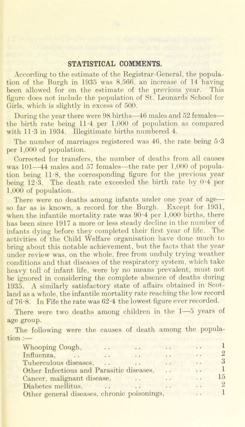 STATISTICAL COMMENTS. According to the estimate of the Registrar-General, the popula- tion of the Burgh in 1935 was 8,566, an increase of 14 having been allowed for on the estimate of the previous year. This figure does not include the population of St. Leonards School for Girls, which is slightly in excess of 500. During the year there were 98 births—46 males and 52 females— the birth rate being 11-4 per 1,000 of population as compared with 11-3 in 1934. Illegitimate births numbered 4. The number of marriages registered was 46, the rate being 5-3 per 1,000 of population. Corrected for transfers, the number of deaths from all causes was 101—44 males and 57 females—the rate per 1,000 of popula- tion being 11-8, the corresponding figure for the previous year being 12-3. The death rate exceeded the birth rate by 0-4 per 1,000 of population. There were no deaths among infants under one year of age— so far as is known, a record for the Burgh. Except for 1931, when the infantile mortality rate was 90-4 per 1,000 births, there has been since 1917 a more or less steady decline in the number of infants dying before they completed their first year of life. The activities of the Child Welfare organisation have done much to bring about this notable achievement, but the facts that the year under review was, on the whole, free from unduly trying weather conditions and that diseases of the respiratory system, which take heavy toll of infant life, were by no means prevalent, must not be ignored in considering the complete absence of deaths during 1935. A similarly satisfactory state of affairs obtained in Scot- land as a whole, the infantile mortality rate reaching the low record of 76-8. In Fife the rate was 62-4 the lowest figure ever recorded. There were two deaths among children in the 1—5 years of age group. The following were the causes of death among the popula- tion :— Whooping Cough, .. .. .. • • 1 Influenza, .. .. .. • • •• 2 Tuberculous diseases, .. .. .. • • 3 Other Infectious and Parasitic diseases, Cancer, malignant disease, .. . • • • 15 Diabetes mellitus, Other general diseases, chronic poisonings, .. 1