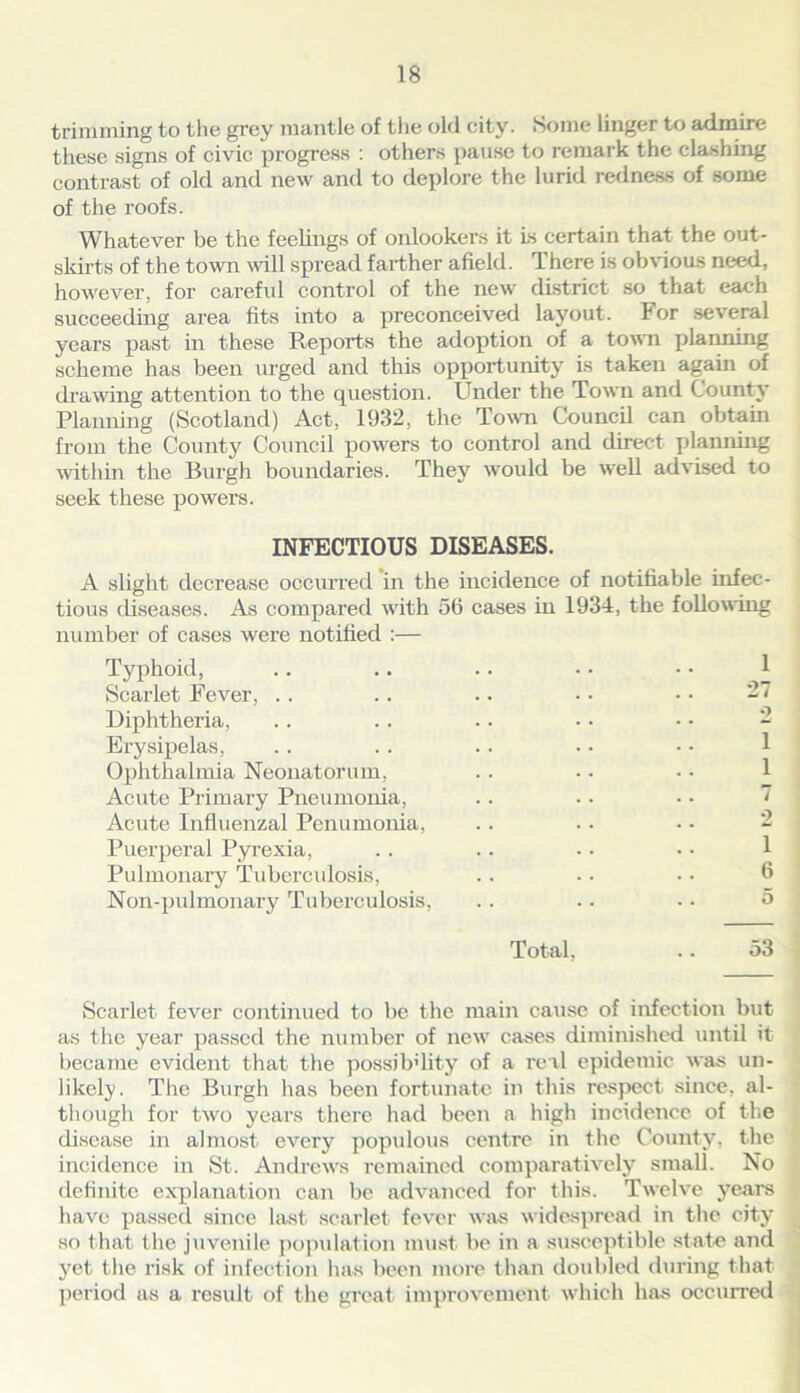 trimming to the grey mantle of the old eity. Some linger to admire these signs of civic progress : others pause to remark the clashing contrast of old and new and to deplore the lurid redness of some of the roofs. Whatever be the feelings of onlookers it is certain that the out- skirts of the town will spread farther afield. There is obvious need, however, for careful control of the new district so that each succeeding area fits into a preconceived layout, tor several years past in these Reports the adoption of a town planning scheme has been urged and this opportunity is taken again of drawing attention to the question. Under the Town and County Planning (Scotland) Act, 1932, the Town Council can obtain from the County Council powers to control and direct planning within the Burgh boundaries. They would be well advised to seek these powers. INFECTIOUS DISEASES. A slight decrease occurred in the incidence of notifiable infec- tious diseases. As compared with 56 cases in 1934, the following number of cases were notified :— Typhoid, Scarlet Fever, Diphtheria, Erysipelas, Ophthalmia Neonatorum, Acute Primary Pneumonia, Acute Influenzal Penumonia, Puerperal Pyrexia, Pulmonary Tuberculosis, Non-pulmonary Tuberculosis, 1 17 2 1 1 7 2 1 6 5 Total, 53 Scarlet fever continued to be the main cause of infection but as the year passed the number of new' cases diminished until it became evident that the possib’lity of a real epidemic was un- likely. The Burgh has been fortunate in this respect since, al- though for two years there had been a high incidence of the disease in almost every populous centre in the County, the incidence in St. Andrews remained comparatively small. No definite explanation can be advanced for this. Twelve years have passed since last scarlet fever was widespread in the city* so that the juvenile population must be in a susceptible state and yet the risk of infection has been more than doubled during that period as a result of the great improvement which has occurred